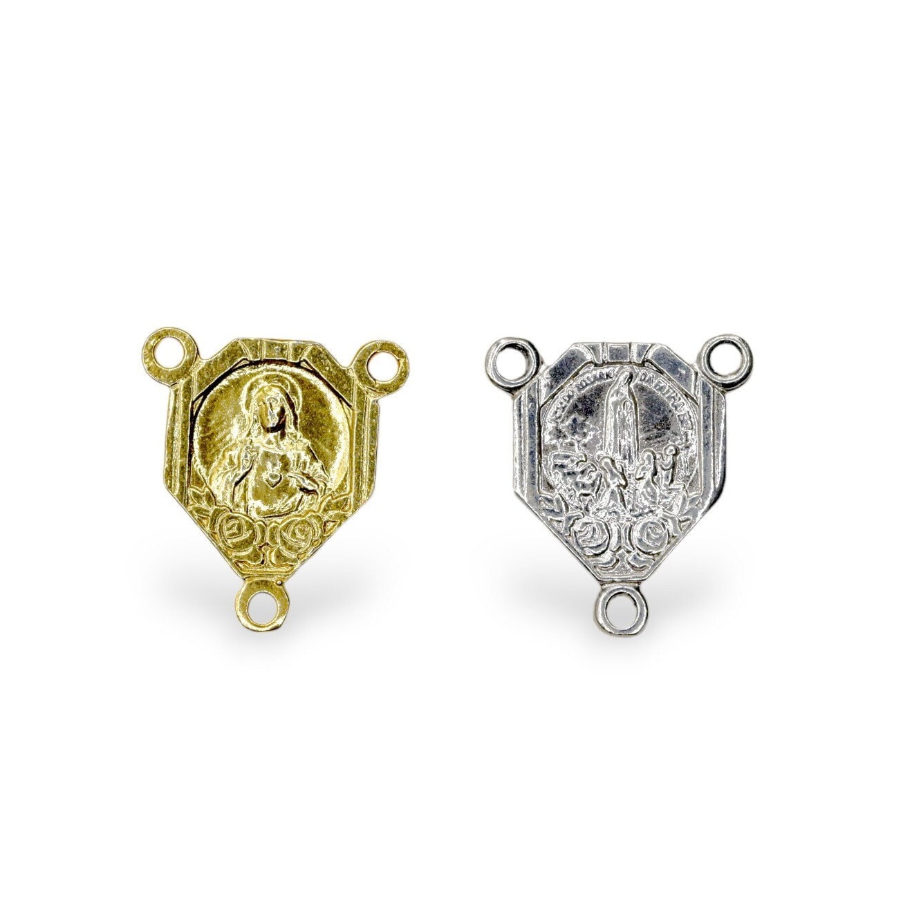 925 Sterling Silver & 24K Gold Vermeil Two sided Rosary Center: Sacred Heart of Jesus and Apparition of Fatima, Jewelry Supply, R19-RV19
