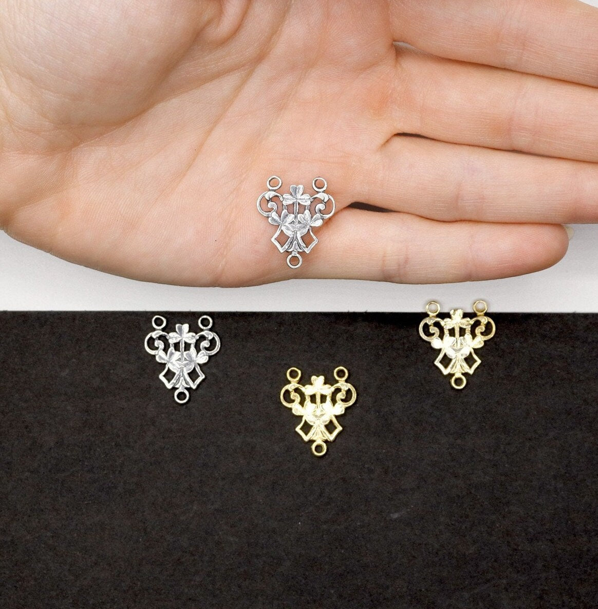 925 Sterling Silver & 24K Gold Vermeil Art Nouveau plain Rosary Center with Shamrock, Jewelry Supply R21-RV21