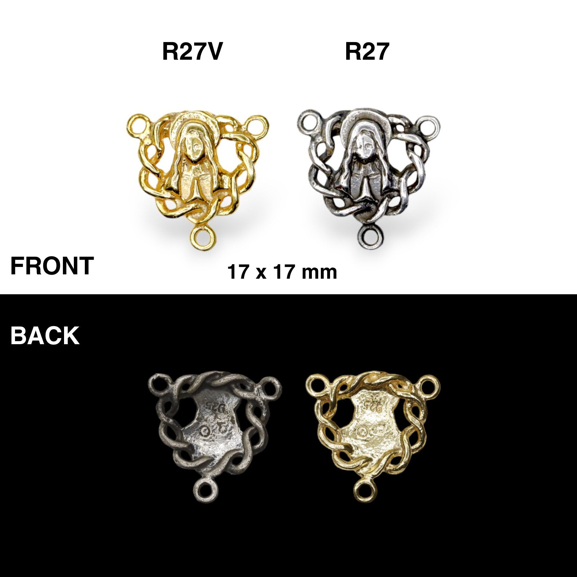 925 Sterling Silver & 24K Gold Vermeil Double Sided Puff Heart Heavy Rosary Center, Jewelry Supply, R27-RV27