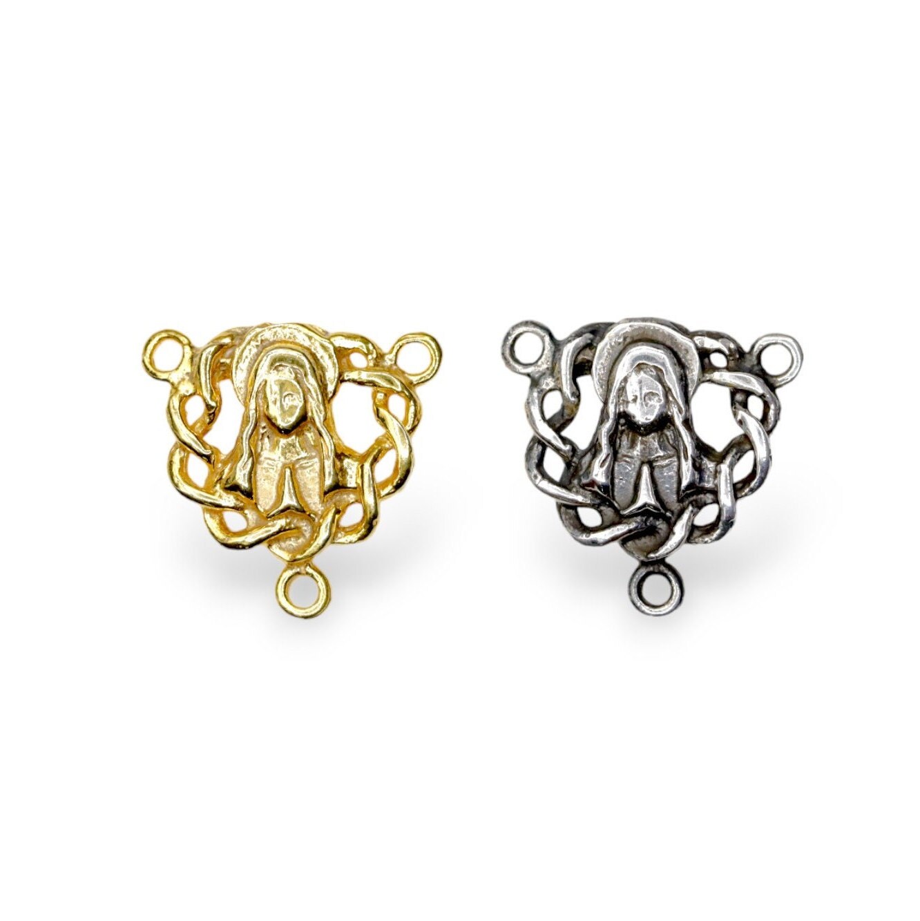 925 Sterling Silver & 24K Gold Vermeil Double Sided Puff Heart Heavy Rosary Center, Jewelry Supply, R27-RV27