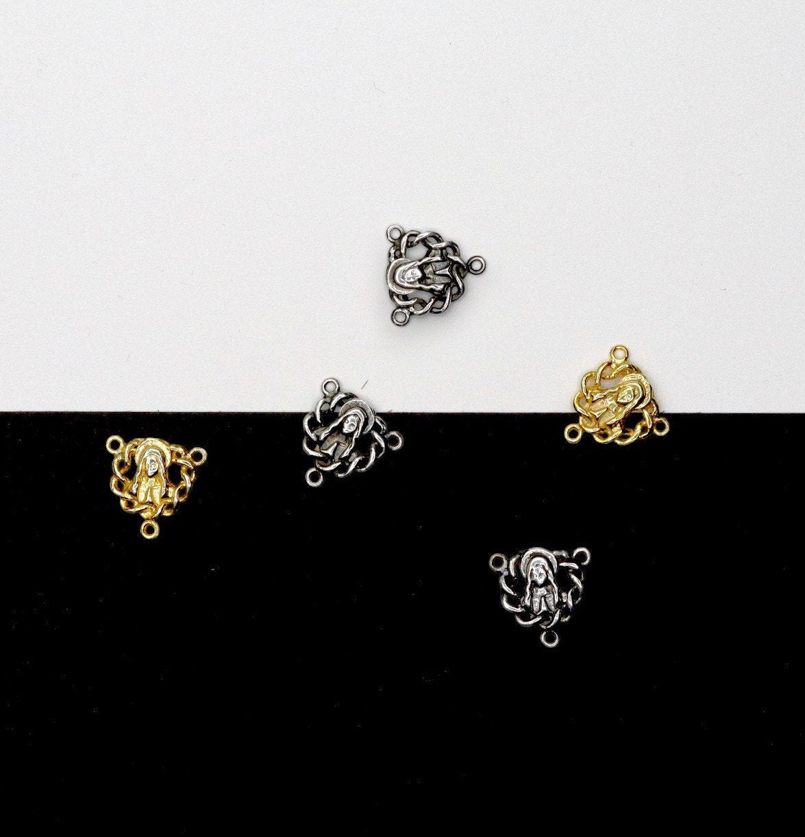 925 Sterling Silver & 24K Gold Vermeil Double Sided Puff Heart Heavy Rosary Center, Jewelry Supply, R27-RV27