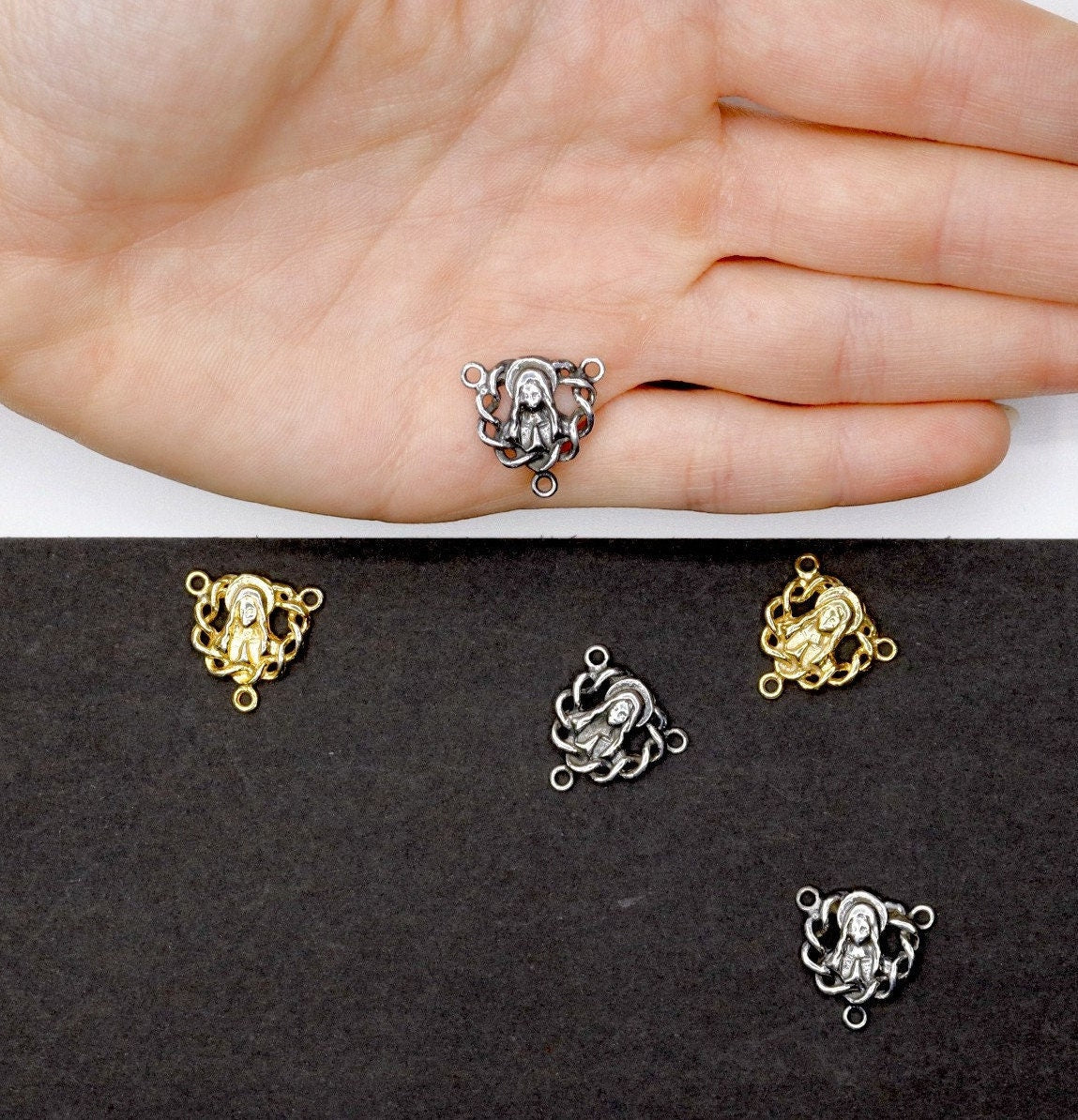 925 Sterling Silver & 24K Gold Vermeil Double Sided Puff Heart Heavy Rosary Center, Jewelry Supply, R27-RV27