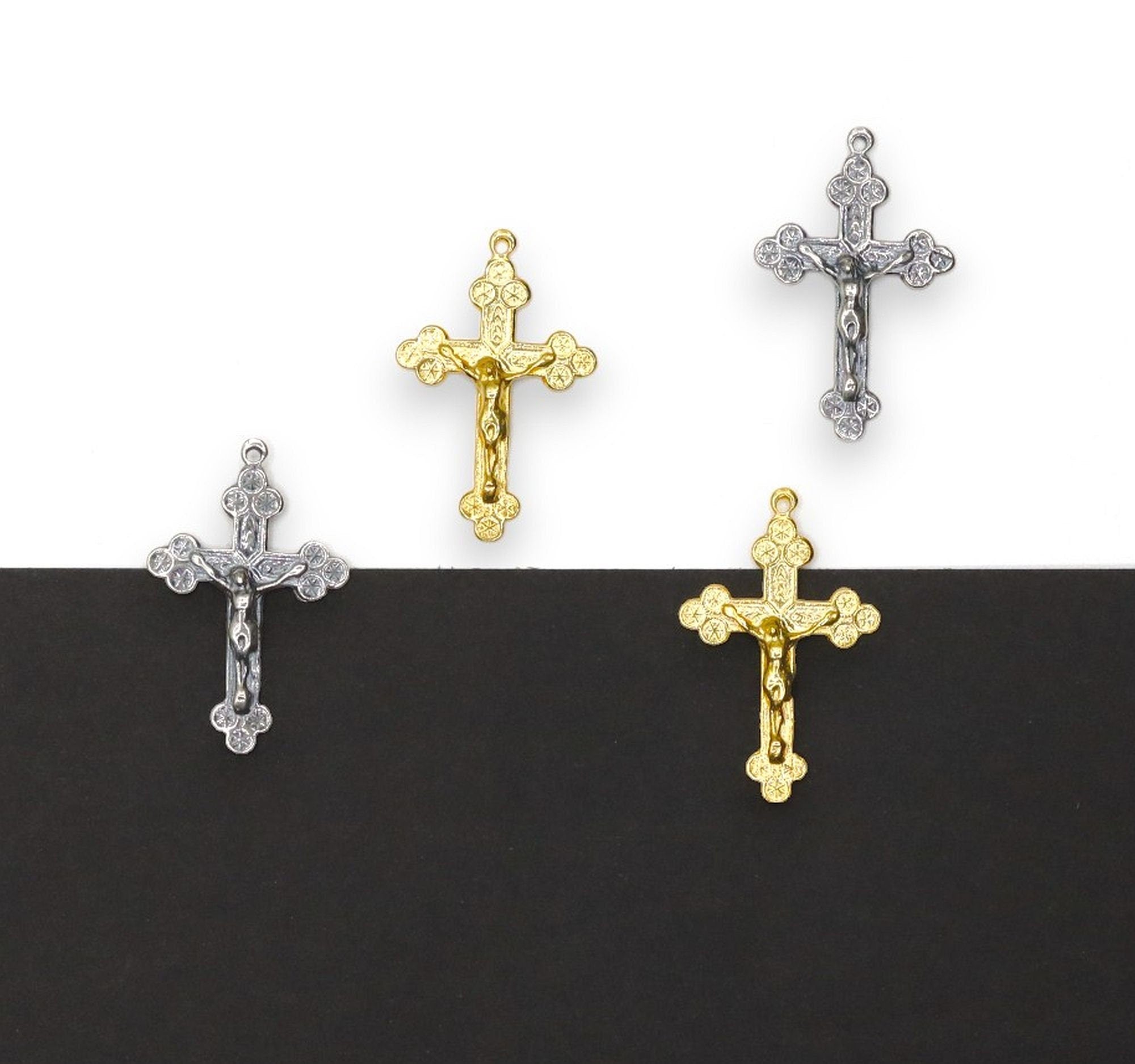 925 Sterling Silver & 24K Gold Vermeil Cross Pendant with Stars, Jewelry Making Supply, R1P-RV1P
