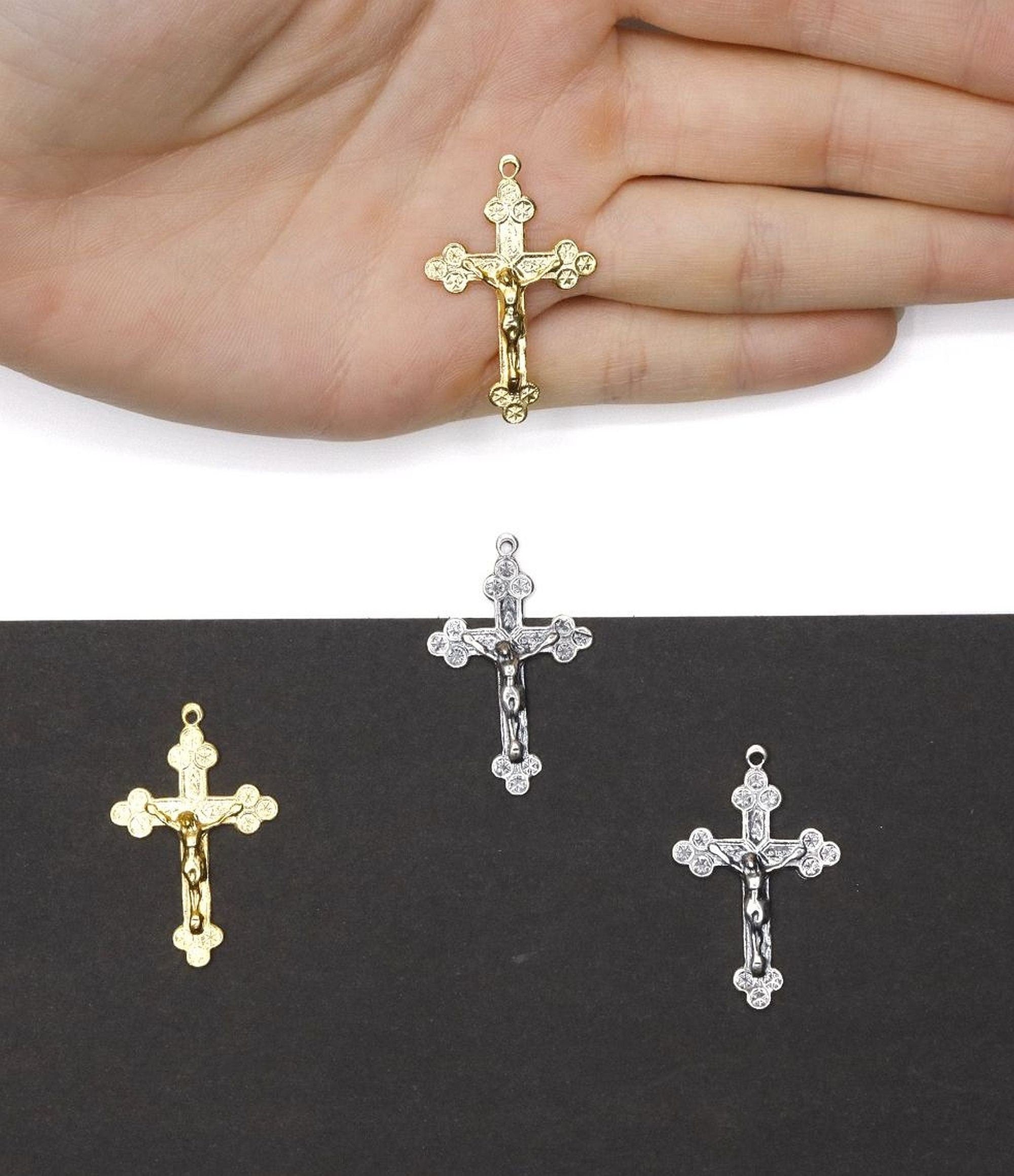 925 Sterling Silver & 24K Gold Vermeil Cross Pendant with Stars, Jewelry Making Supply, R1P-RV1P