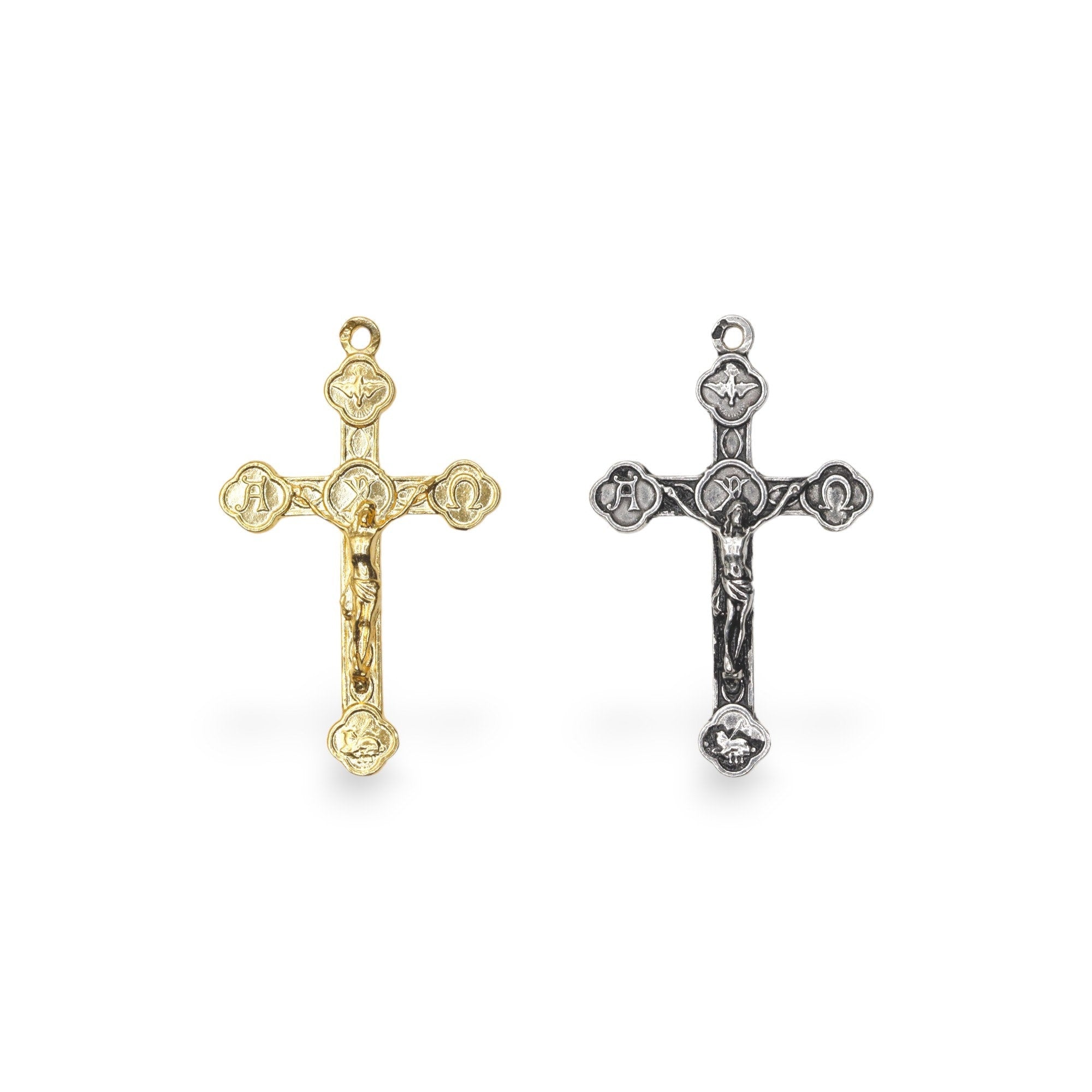 925 Sterling Silver and 24K Gold Vermeil Alpha & Omega, Holy Spirit, Agnus Dei Crucifix, Rosary Cross, Jewelry Making Supply, R4-RV4