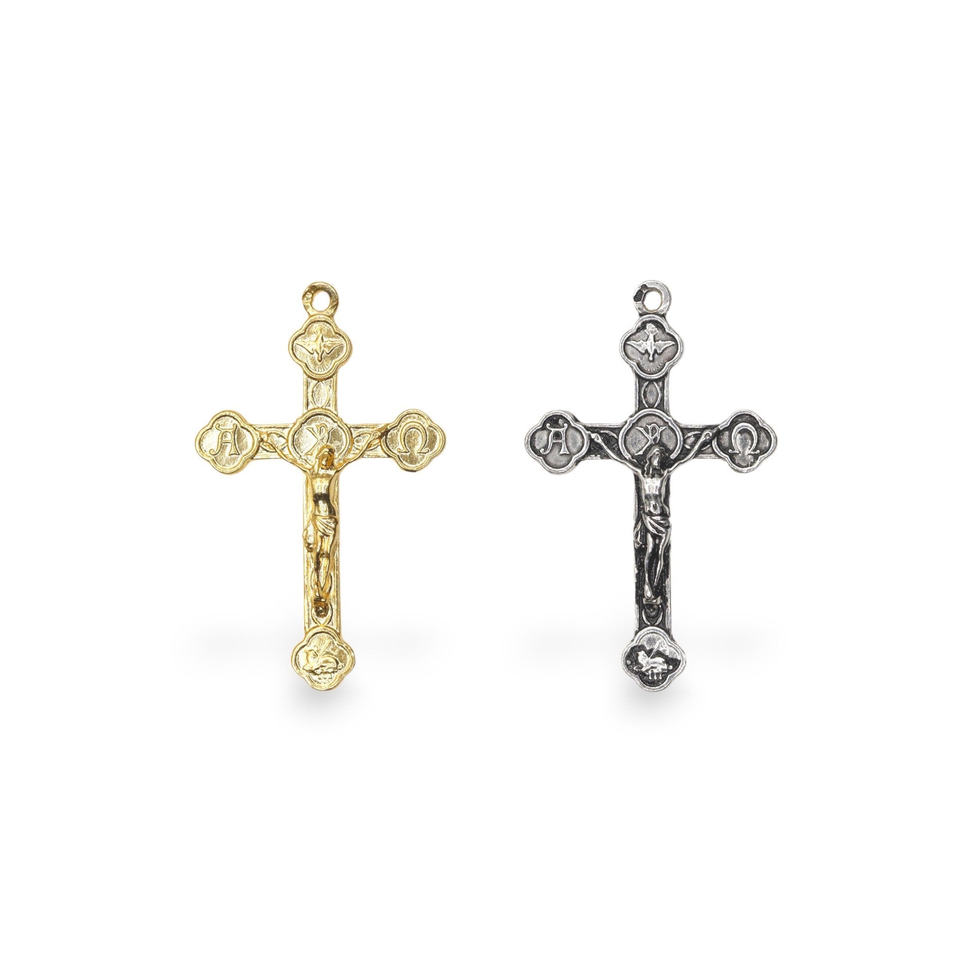 925 Sterling Silver and 24K Gold Vermeil Alpha & Omega, Holy Spirit, Agnus Dei Crucifix, Pendant Cross, Jewelry Making Supply, R4P-RV4P