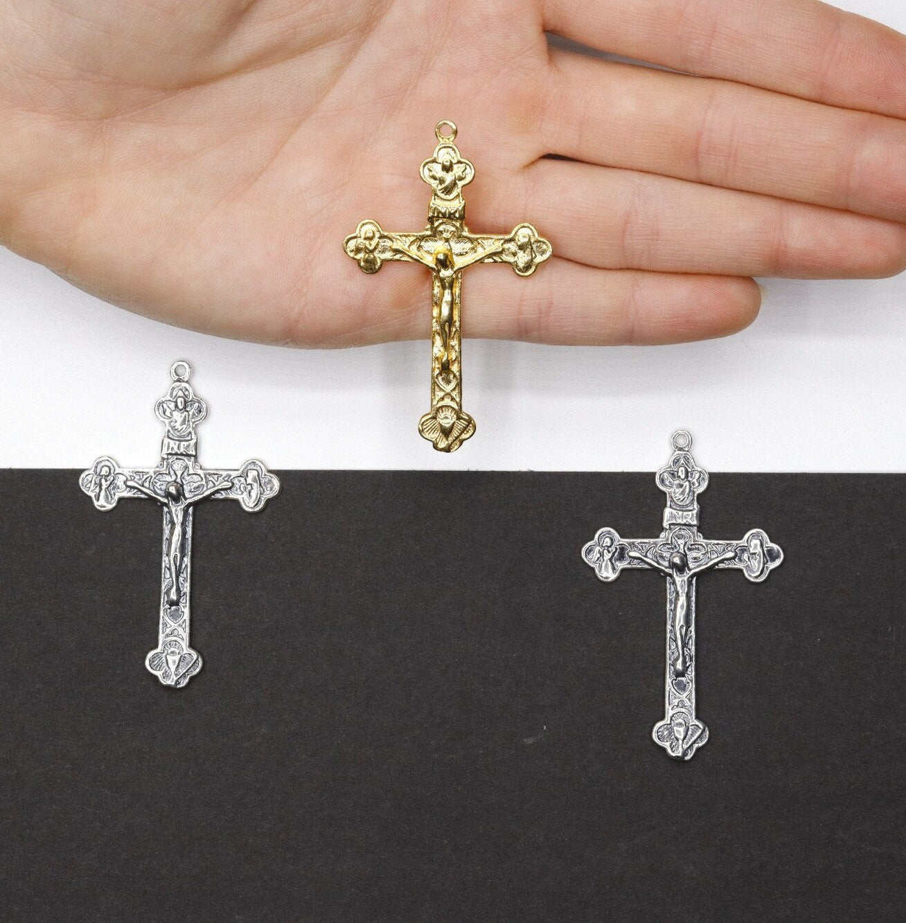 925 Sterling Silver & 24K Gold Vermeil Tertium Millenium Crucifix, Rosary cross, Jewelry Making Supply, R5-RV5