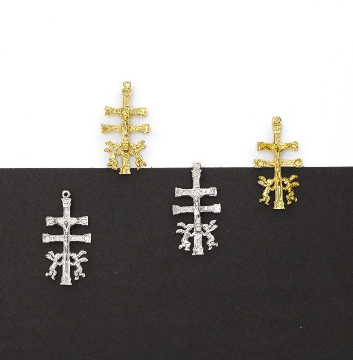 925 Sterling Silver & 24K Gold Vermeil Caravaca Cross, Rosary Crucifix, 2 sided, Jewelry Making Supply, R3-RV3