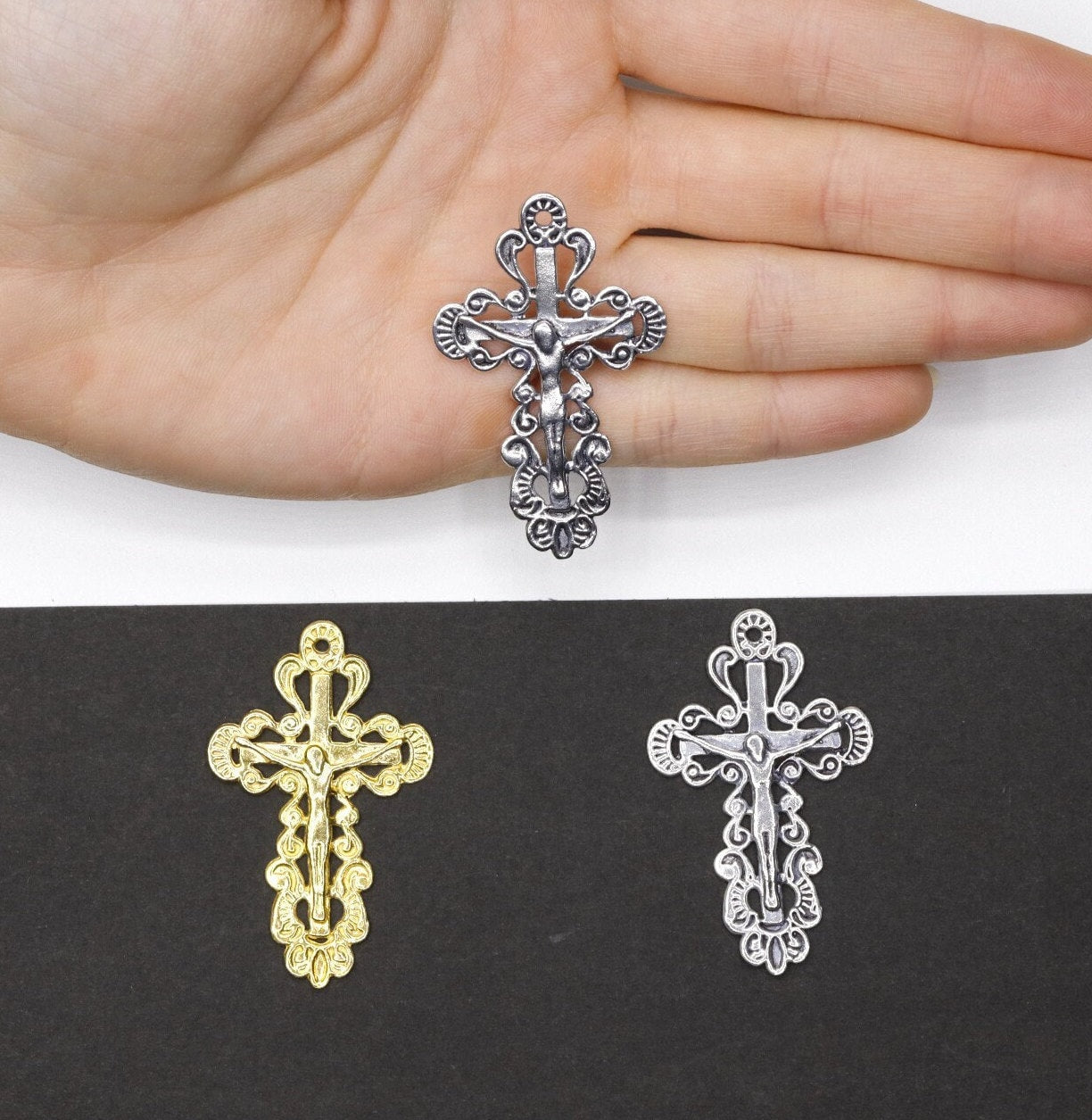 925 Sterling Silver & 24K Gold Vermeil Ornate, Open Work Greek Style Crucifix, Rosary Cross, Jewelry Making Supply, R7-RV7