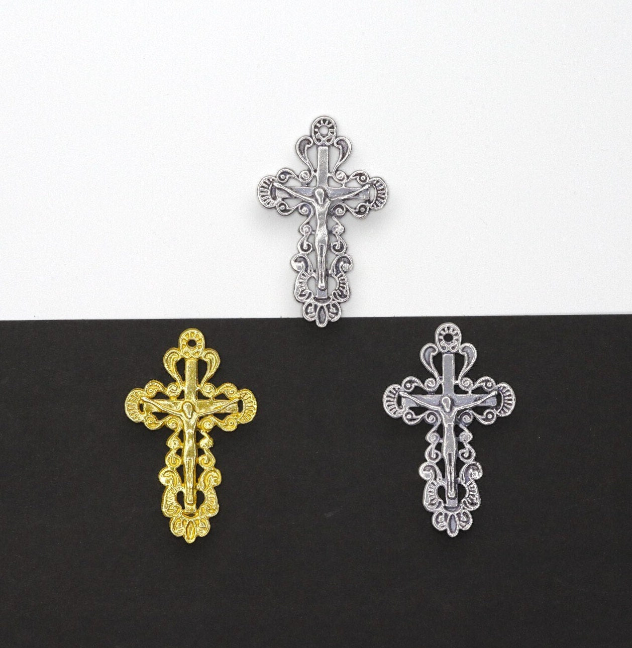 925 Sterling Silver & 24K Gold Vermeil Ornate, Open Work Greek Style Crucifix, Rosary Cross, Jewelry Making Supply, R7-RV7