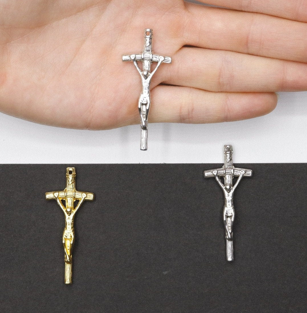 925 Sterling Silver & 24K Gold Vermeil Large size Pope John Paul 2 Crucifix, Rosary Cross, Jewelry Making Supply, R8-RV8