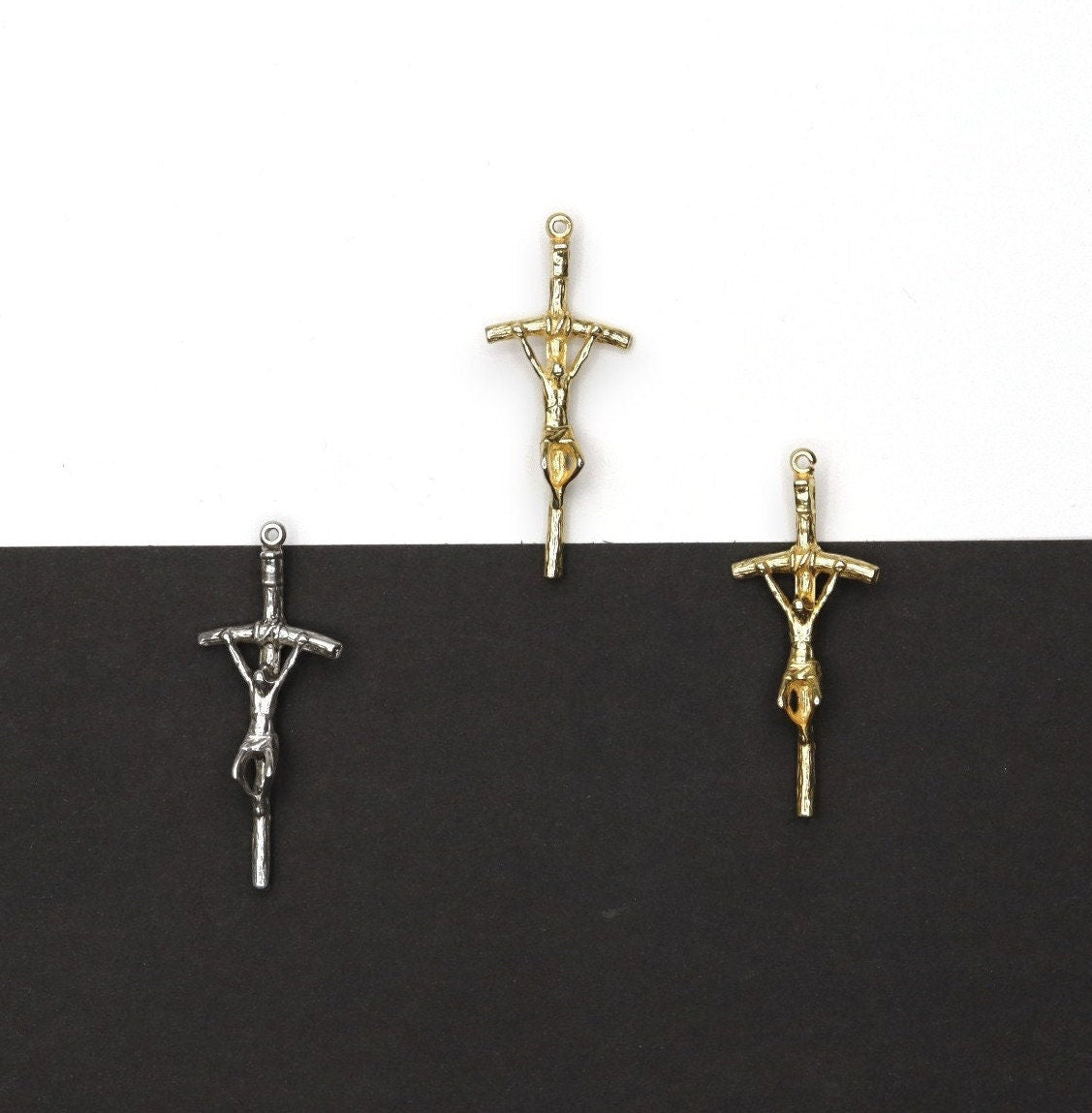 925 Sterling Silver & 24K Gold Vermeil Small Sized Pope John Paul 2 Rosary Crucifix, Jewelry Making Supply, R9b-RV9b