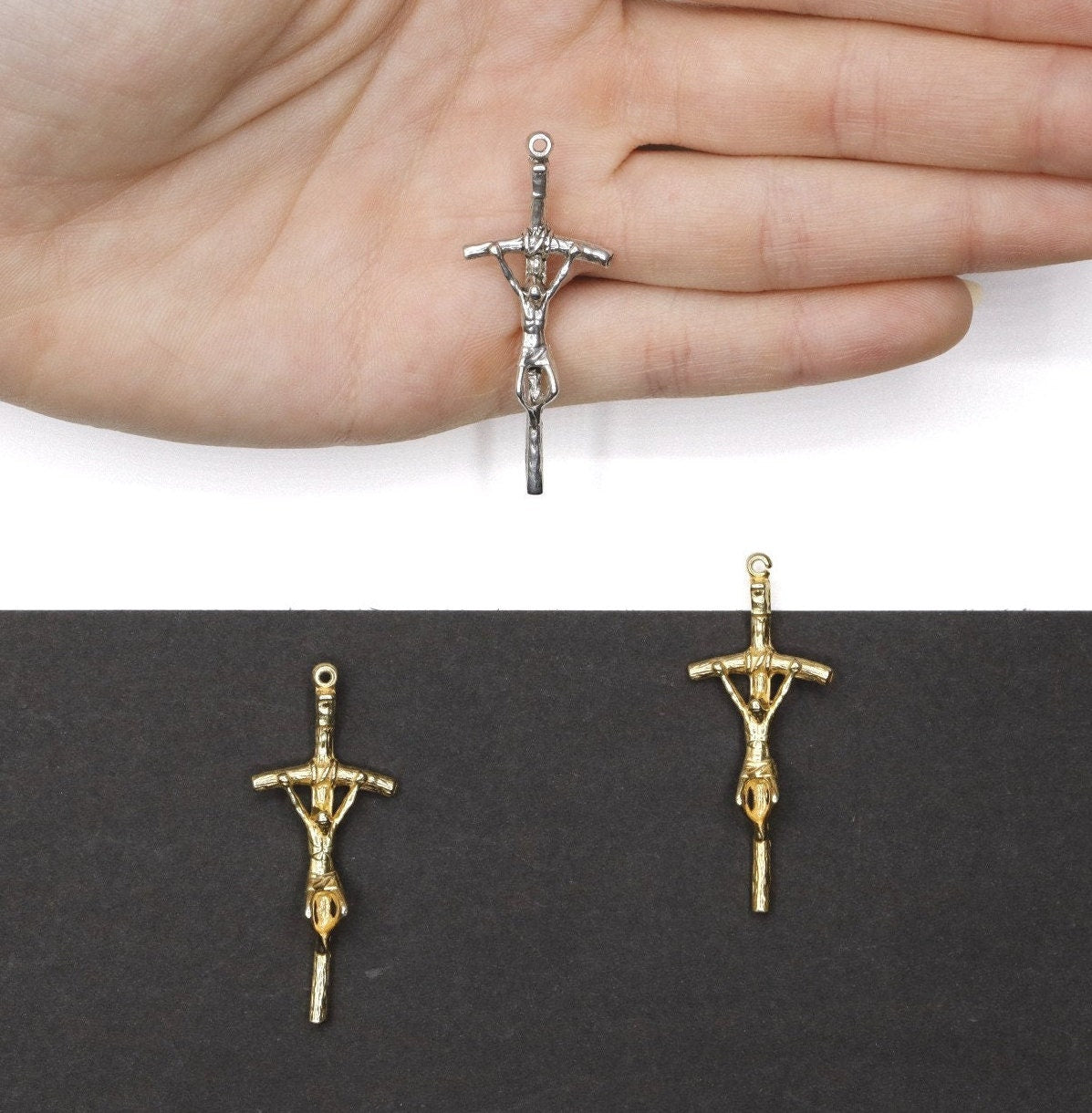 925 Sterling Silver & 24K Gold Vermeil Small Sized Pope John Paul 2 Rosary Crucifix, Jewelry Making Supply, R9b-RV9b