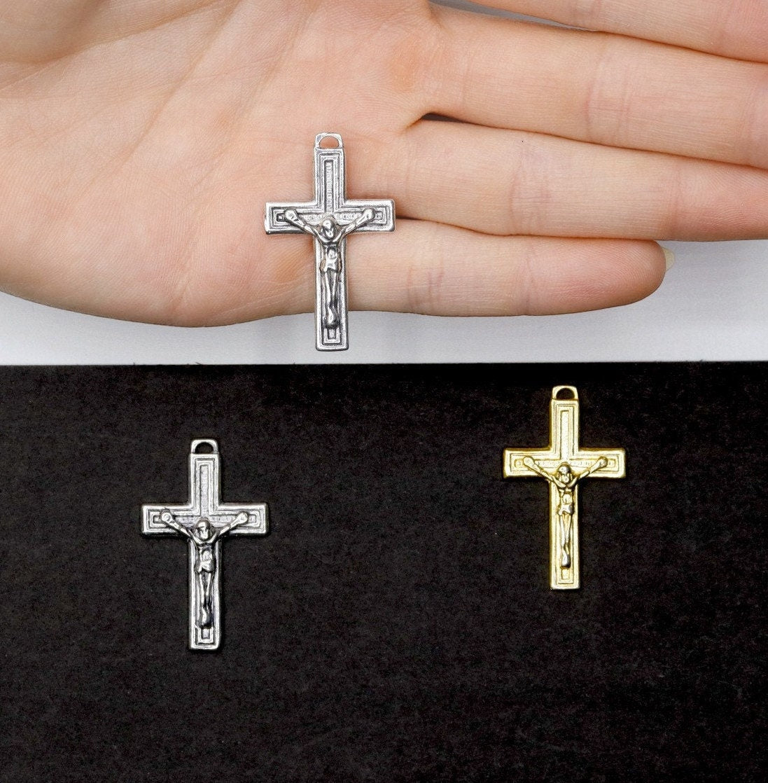 925 Sterling Silver & 24K Gold Vermeil Square, Plain, Classical, Crucifix, Pendant, Jewelry Making Supply, R10P-RV10P