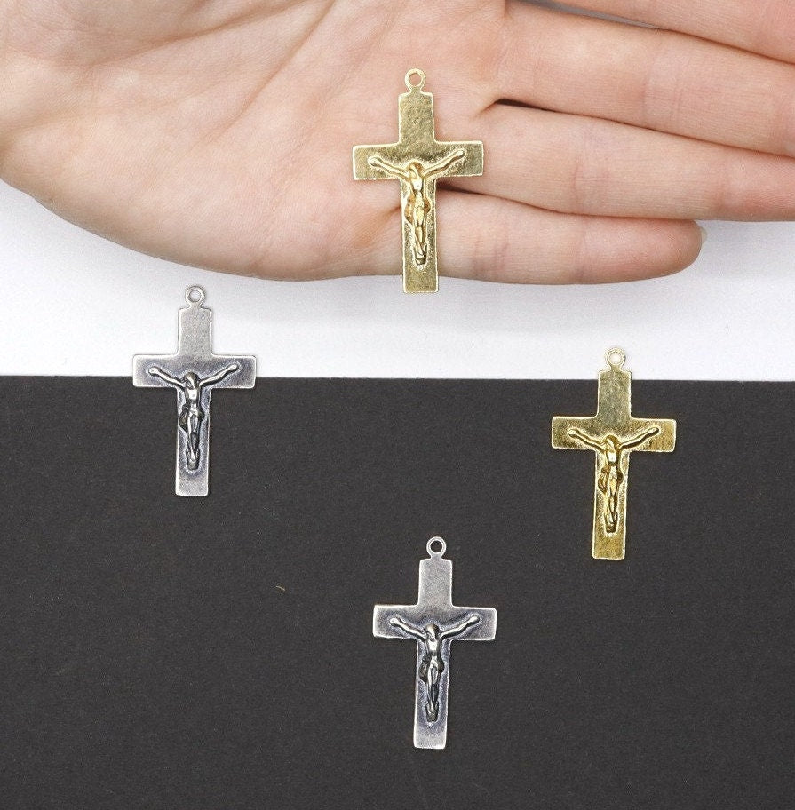 925 Sterling Silver & 24K Gold Vermeil Plain Sober, Striated Crucifix, Pendant, Jewelry Making Supply, R11P-RV11P