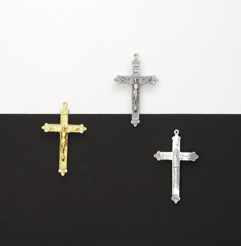 925 Sterling Silver & 24K Gold Vermeil Immaculate Conception Crucifix with Fleur de Lys, 2 sided Rosary Cross, Jewelry Supply, R12-RV12