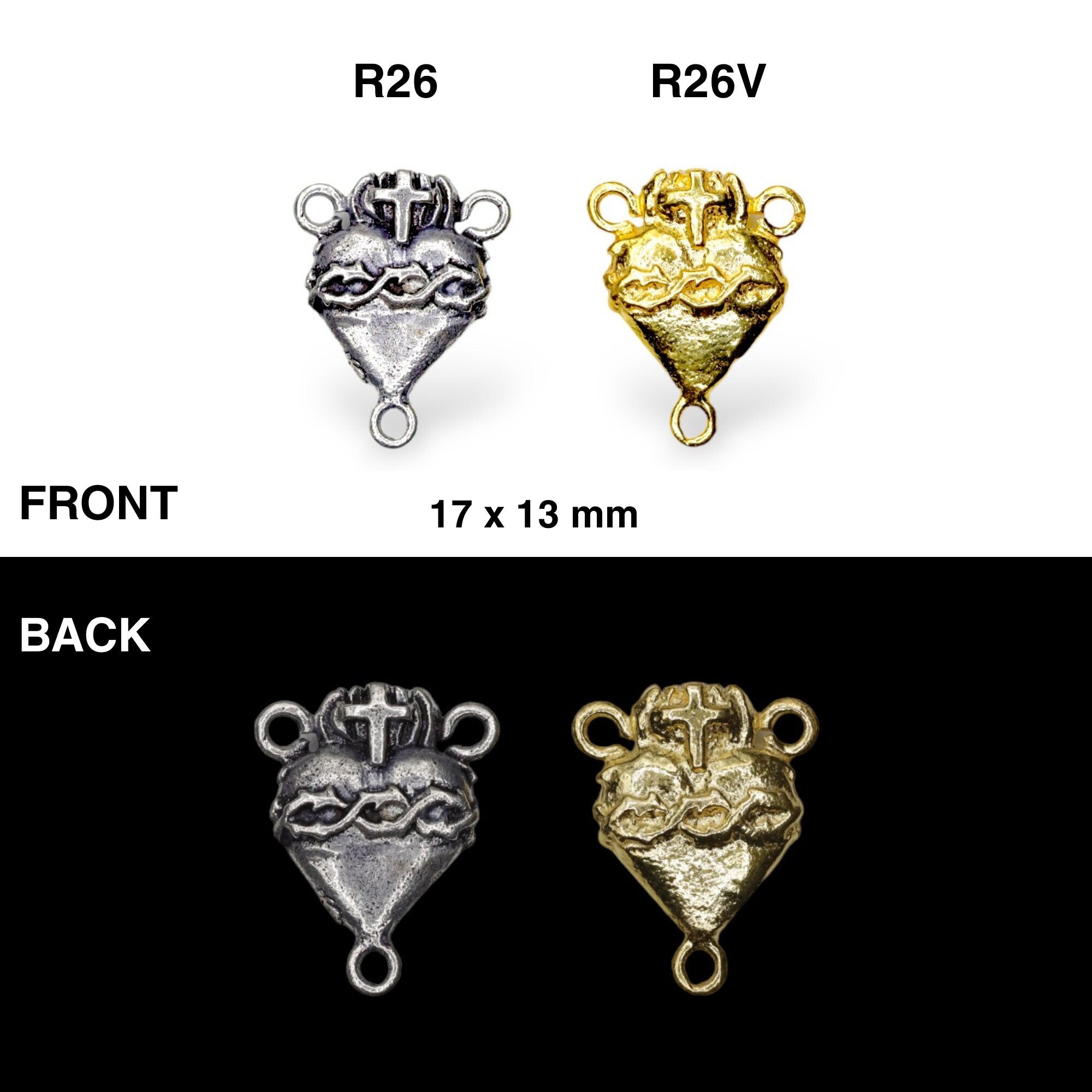 925 Sterling Silver & 24K Gold Vermeil double sided sacred heart and crown of thorns Rosary Center, Jewelry Supply, R26-RV26