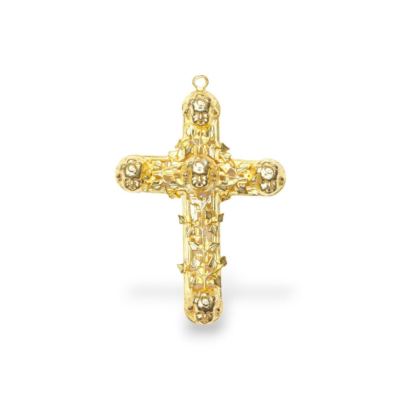 Large 925 Sterling Silver & 24K Gold Vermeil Filigree Angel Head Cross, Pectoral Pendant – Art Nouveau – Rare, Jewelry Supply, R14-RV14