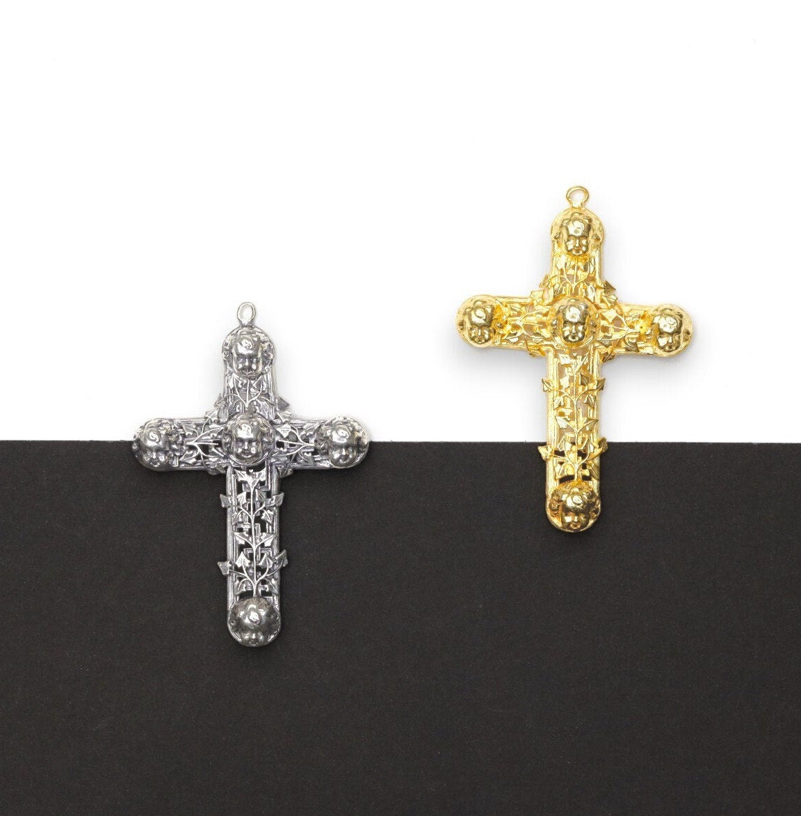 Large 925 Sterling Silver & 24K Gold Vermeil Filigree Angel Head Cross, Pectoral Pendant – Art Nouveau – Rare, Jewelry Supply, R14-RV14