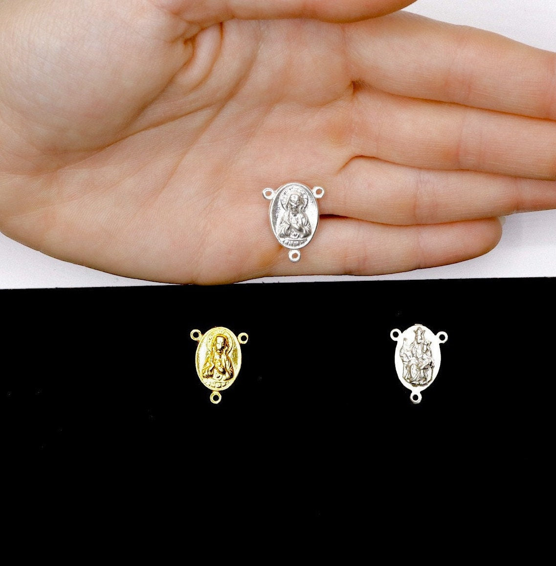 925 Sterling Silver & 24K Gold Vermeil Two Sided Rosary Center: Sacred Heart of Jesus And Apparition of Fatima, Jewelry Supply, R18-RV18