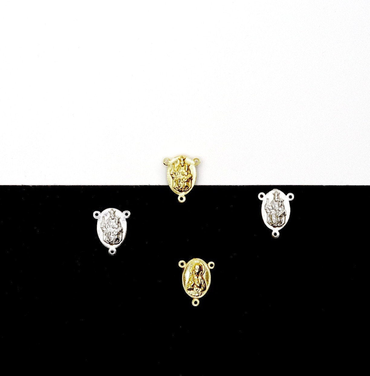 925 Sterling Silver & 24K Gold Vermeil Two Sided Rosary Center: Sacred Heart of Jesus And Apparition of Fatima, Jewelry Supply, R18-RV18