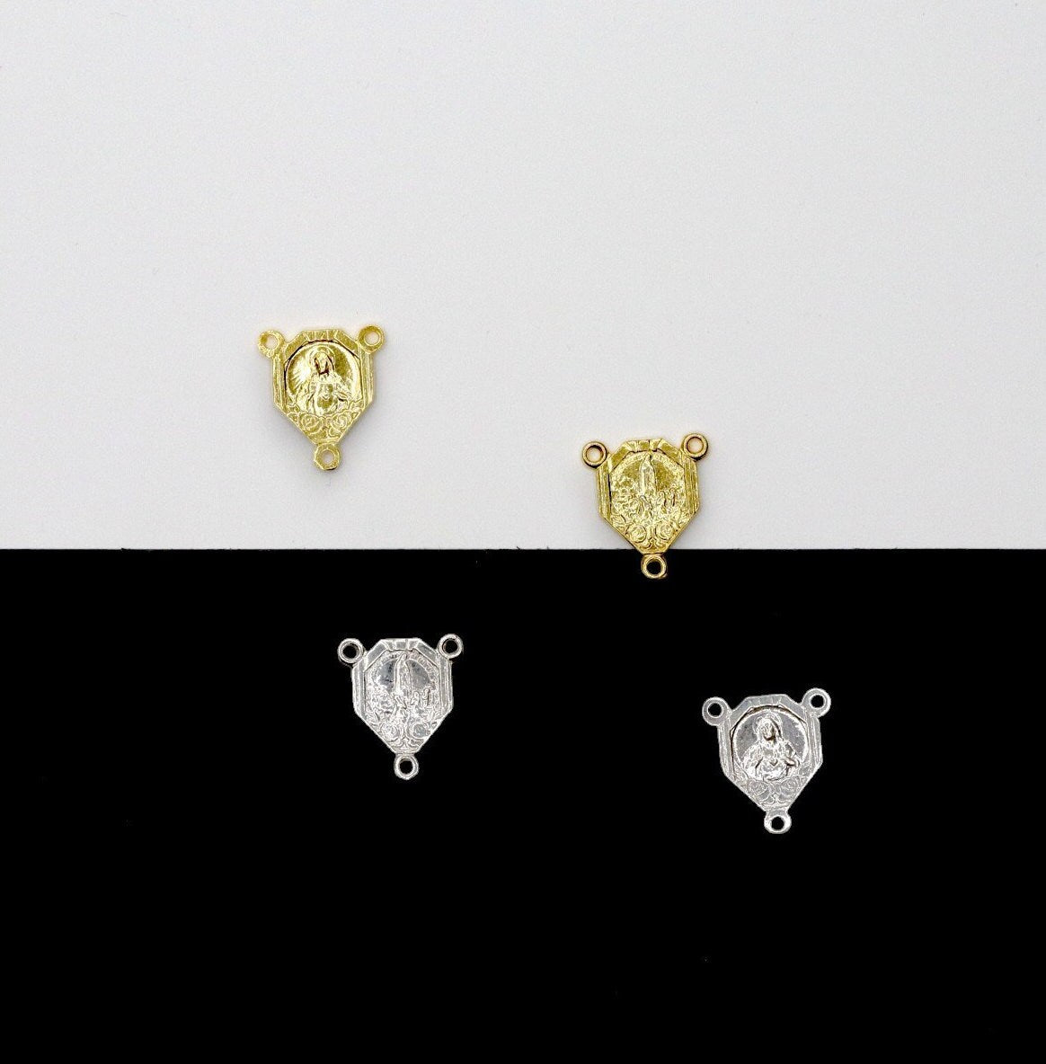 925 Sterling Silver & 24K Gold Vermeil Two sided Rosary Center: Sacred Heart of Jesus and Apparition of Fatima, Jewelry Supply, R19-RV19
