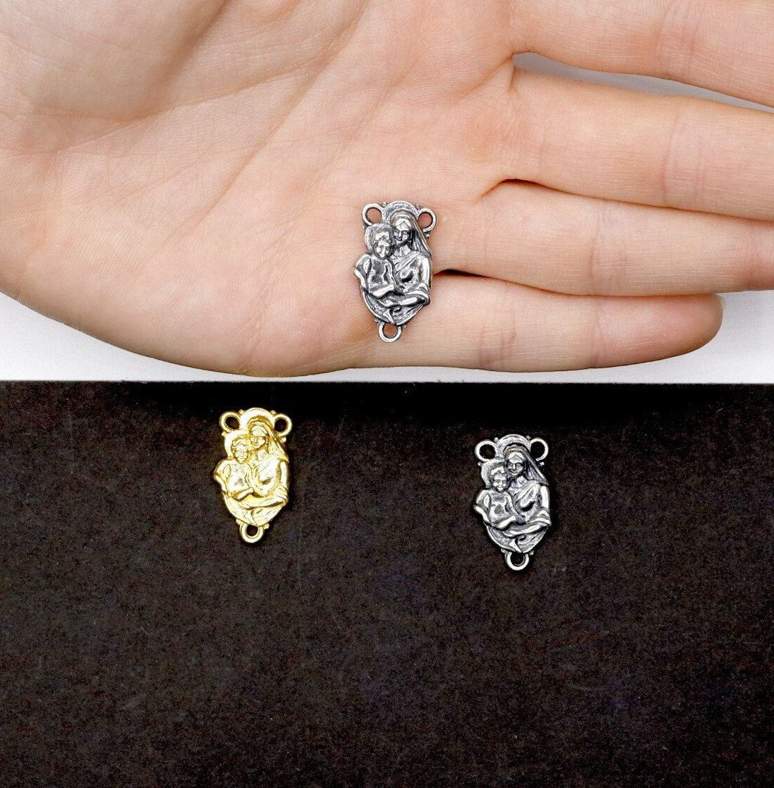 925 Sterling Silver & 24K Gold Vermeil Mary and Baby Jesus Rosary Center, R20-RV20