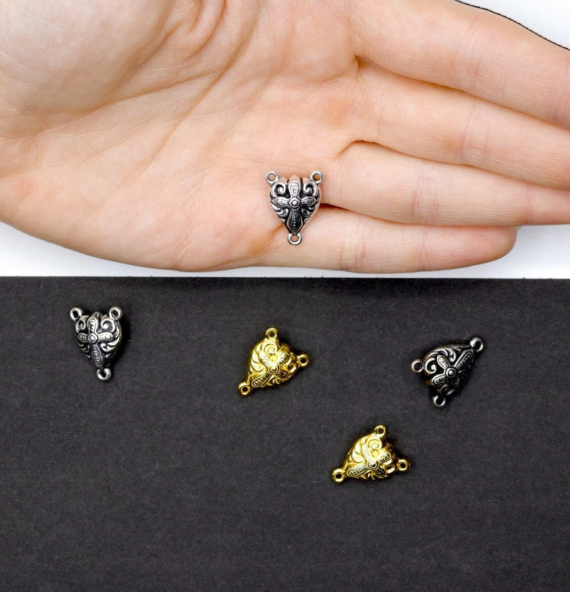 925 Sterling Silver & 24K Gold Vermeil Rosary Center, Double Sided Puff Heart Heavy Rosary Center, Jewelry Supply R25-RV25