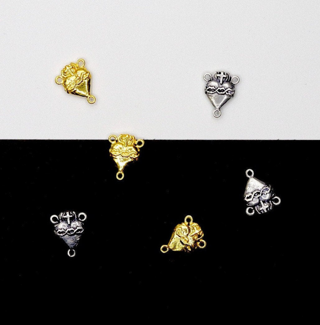 925 Sterling Silver & 24K Gold Vermeil double sided sacred heart and crown of thorns Rosary Center, Jewelry Supply, R26-RV26