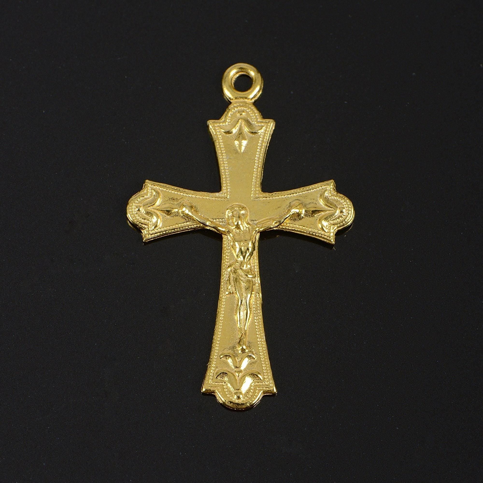 925 Sterling Silver & 24K Gold Vermeil Cross Pendant , Crucifix with Fleur de Lys, Jewelry Supply, R44-RV44