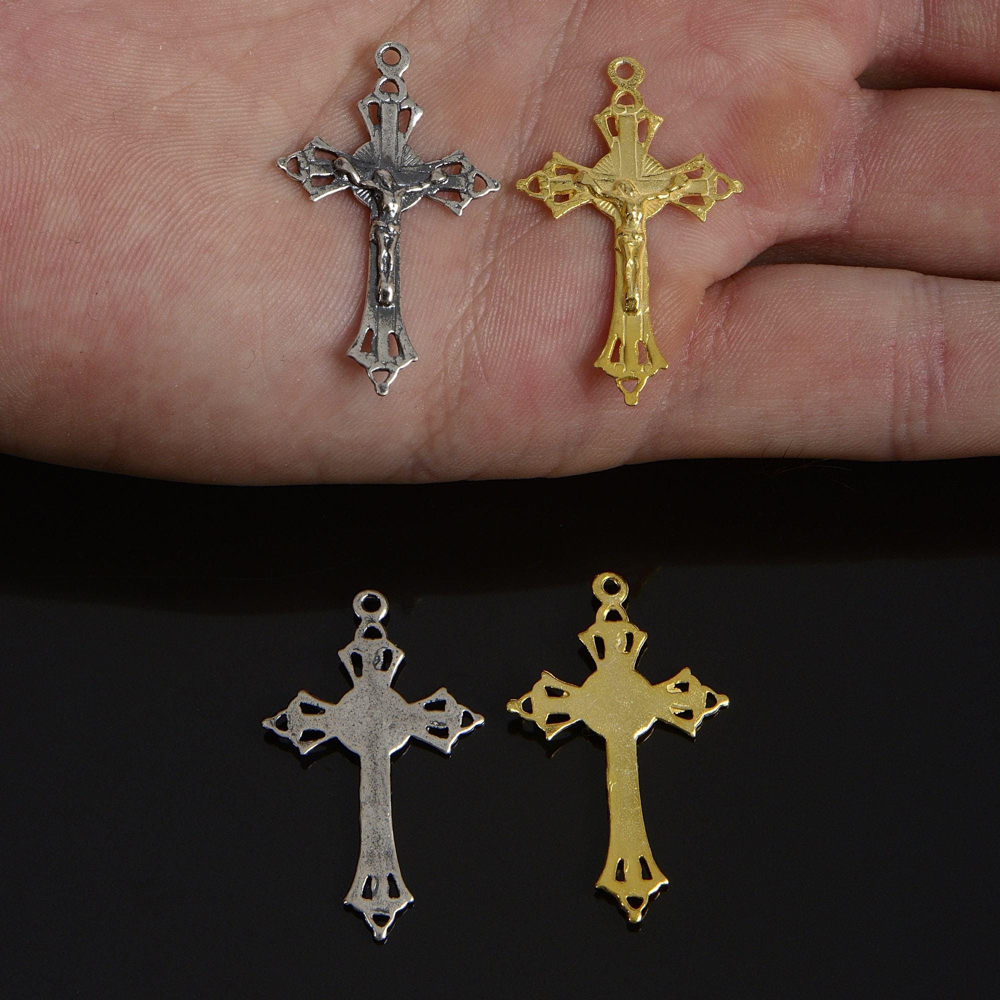 925 Sterling Silver & 24K Gold Vermeil Cross Pendant , Open Work Illumination Crucifix, Jewelry Supply, R46-RV46
