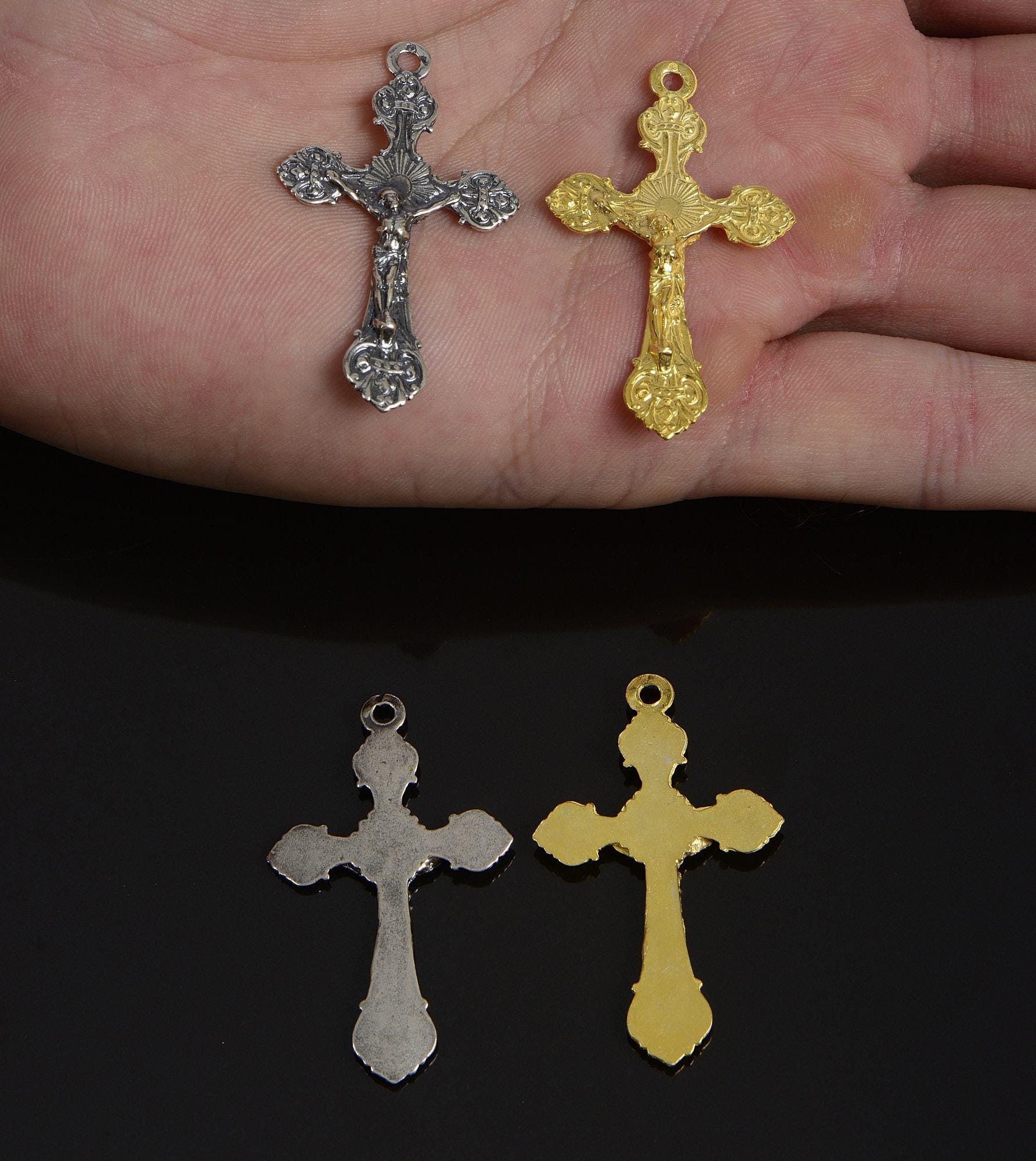 925 Sterling Silver & 24K Gold Vermeil Cross Pendant, Art Nouveau Crucifix, Jewelry Supply, R51-RV51