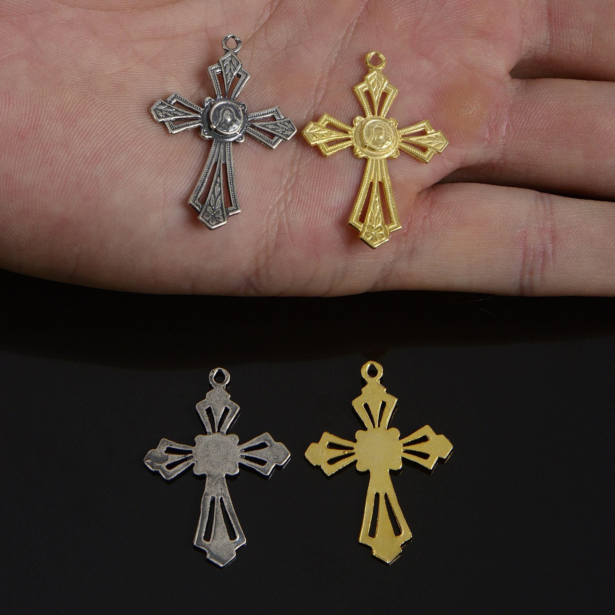 925 Sterling Silver & 24K Gold Vermeil Pendant Open Work St Therese Cross, Jewelry Supply, R52P-RV52P