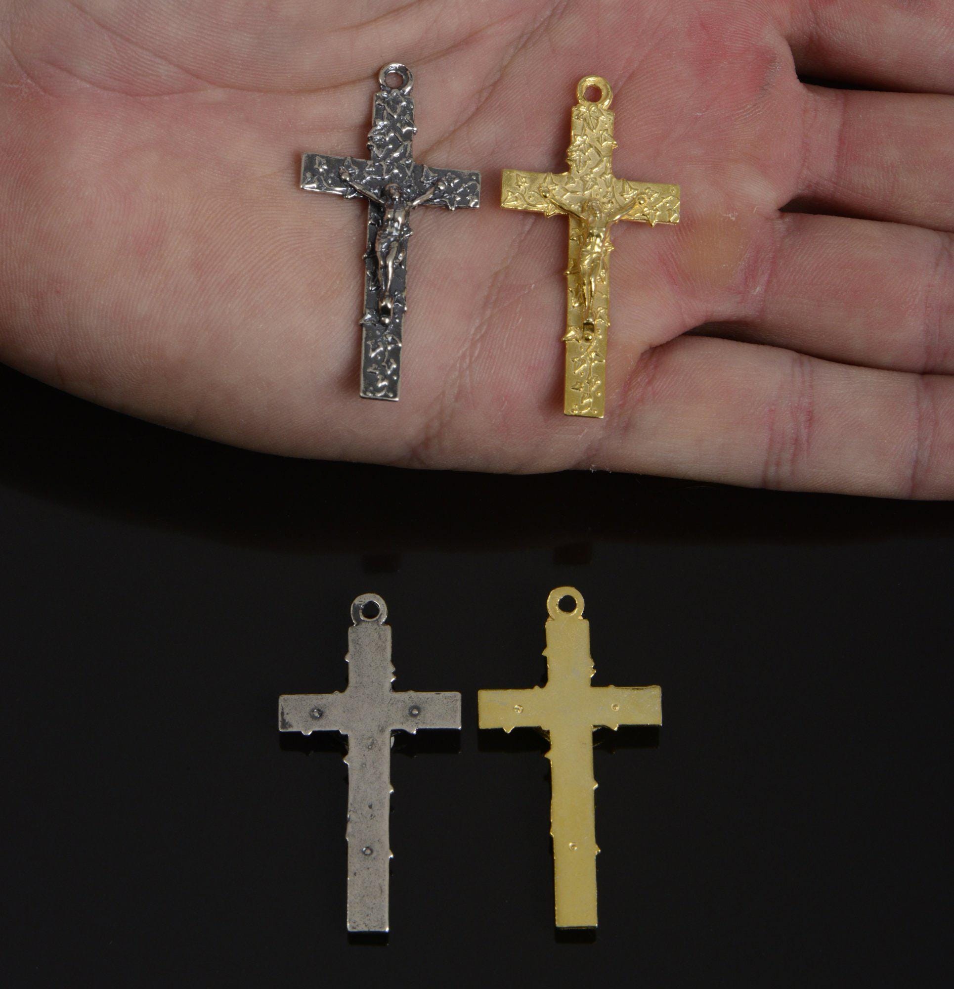 925 Sterling Silver & 24K Gold Vermeil High Relief Ivy Clad Crucifix, Jewelry Supply, R63-RV63
