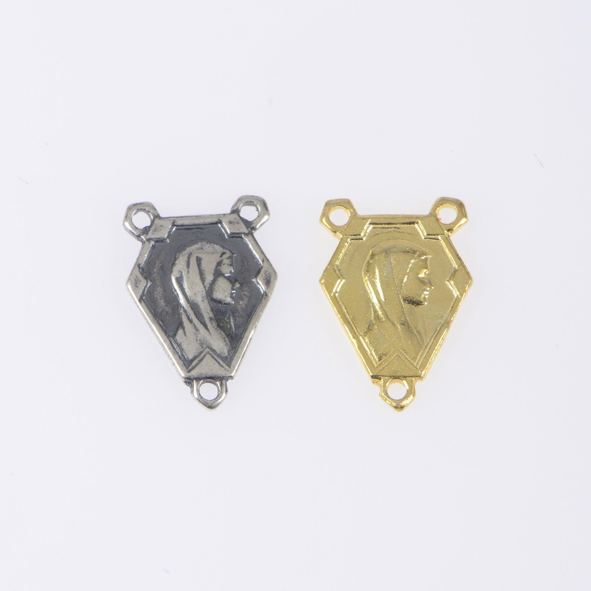 925 Sterling Silver & 24K Gold Vermeil Virgin Mary and Sacred heart of Jesus double sided Rosary Center, Jewelry Supply, R91-RV91