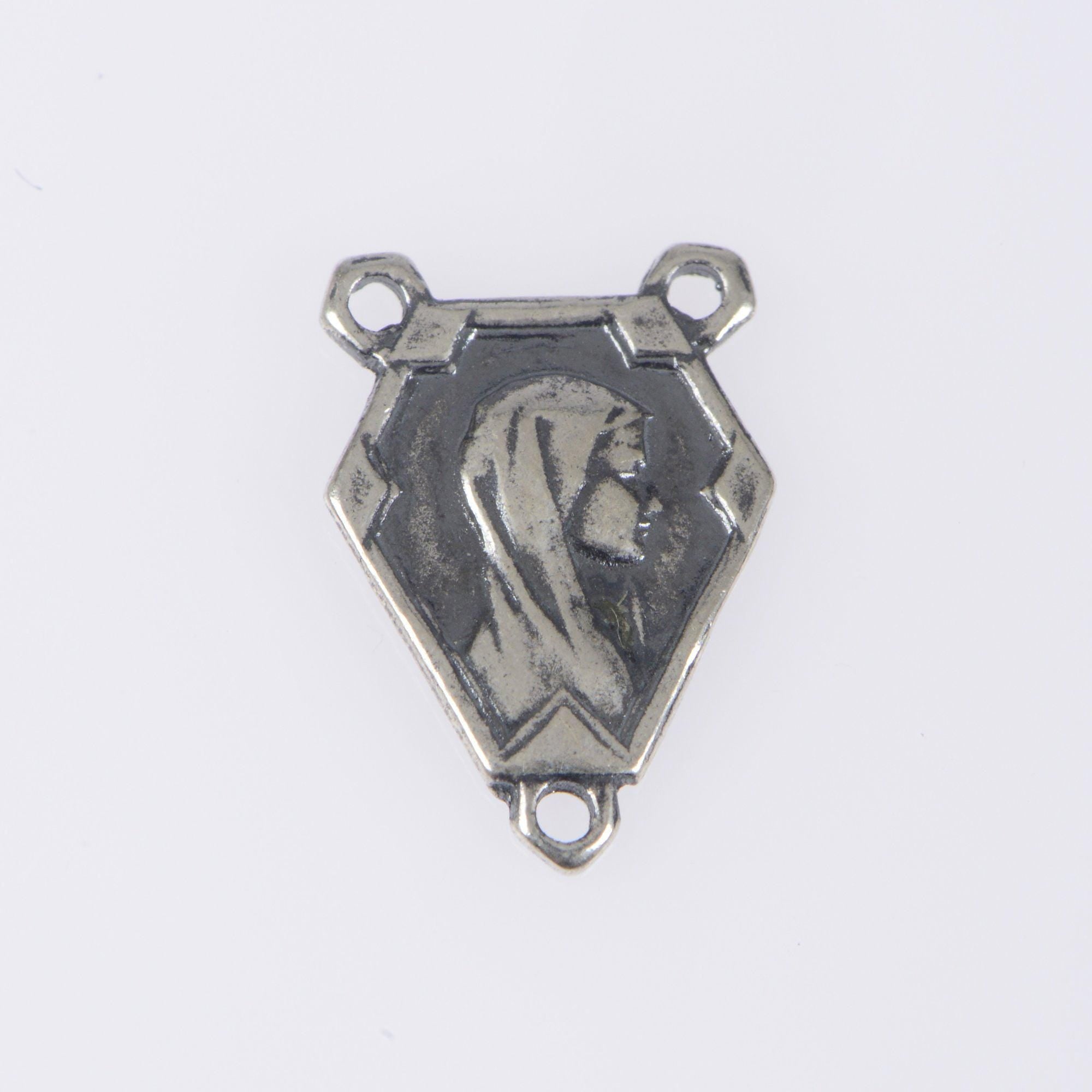 925 Sterling Silver & 24K Gold Vermeil Virgin Mary and Sacred heart of Jesus double sided Rosary Center, Jewelry Supply, R91-RV91