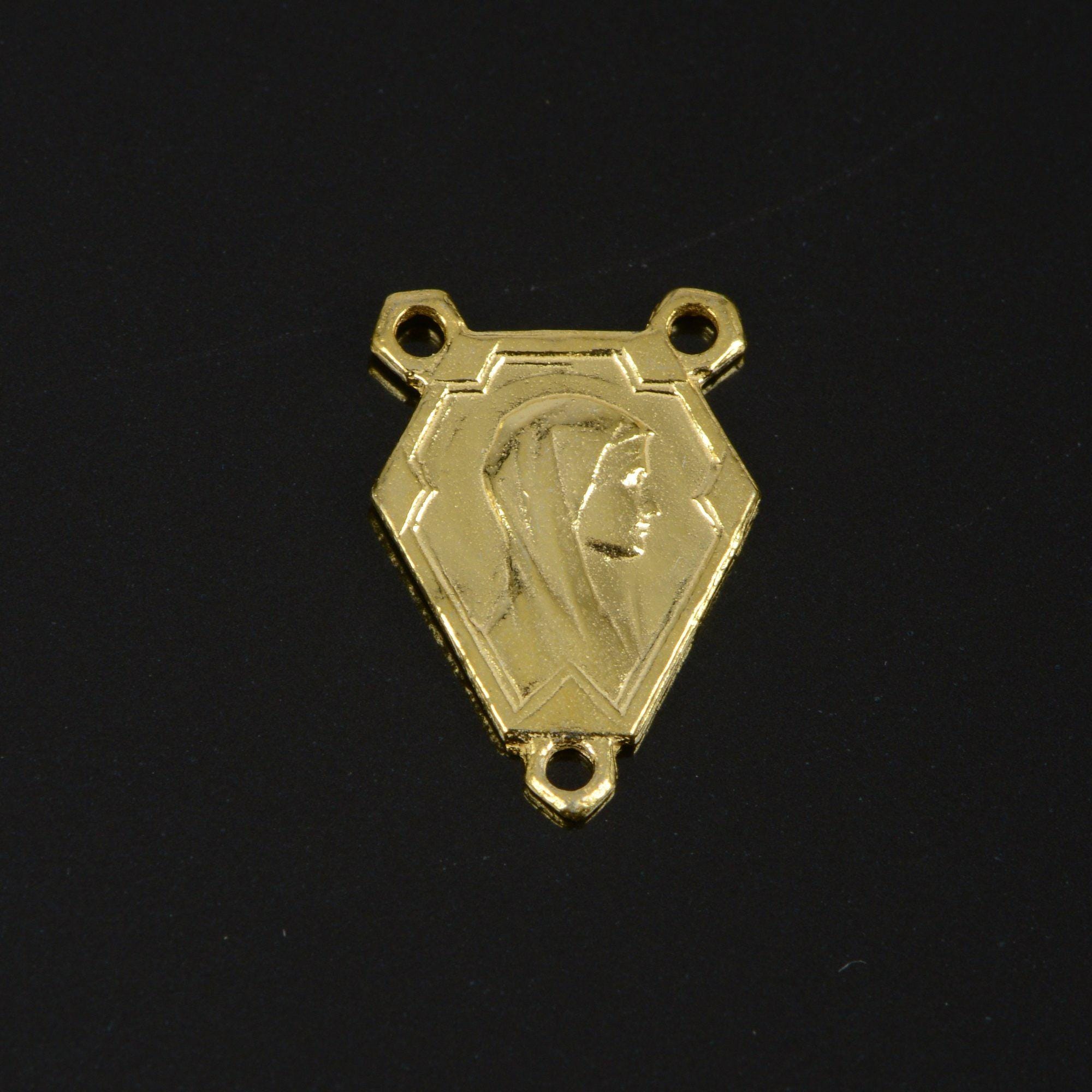 925 Sterling Silver & 24K Gold Vermeil Virgin Mary and Sacred heart of Jesus double sided Rosary Center, Jewelry Supply, R91-RV91