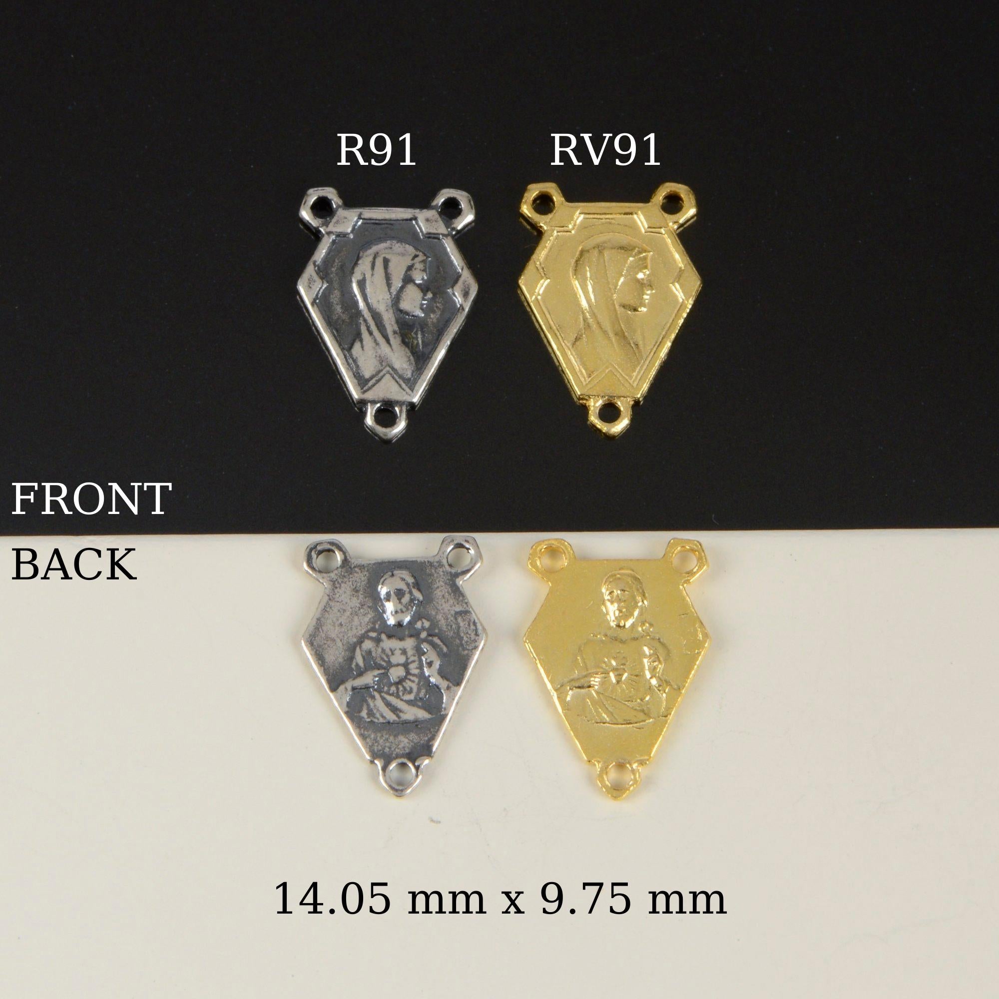 925 Sterling Silver & 24K Gold Vermeil Virgin Mary and Sacred heart of Jesus double sided Rosary Center, Jewelry Supply, R91-RV91