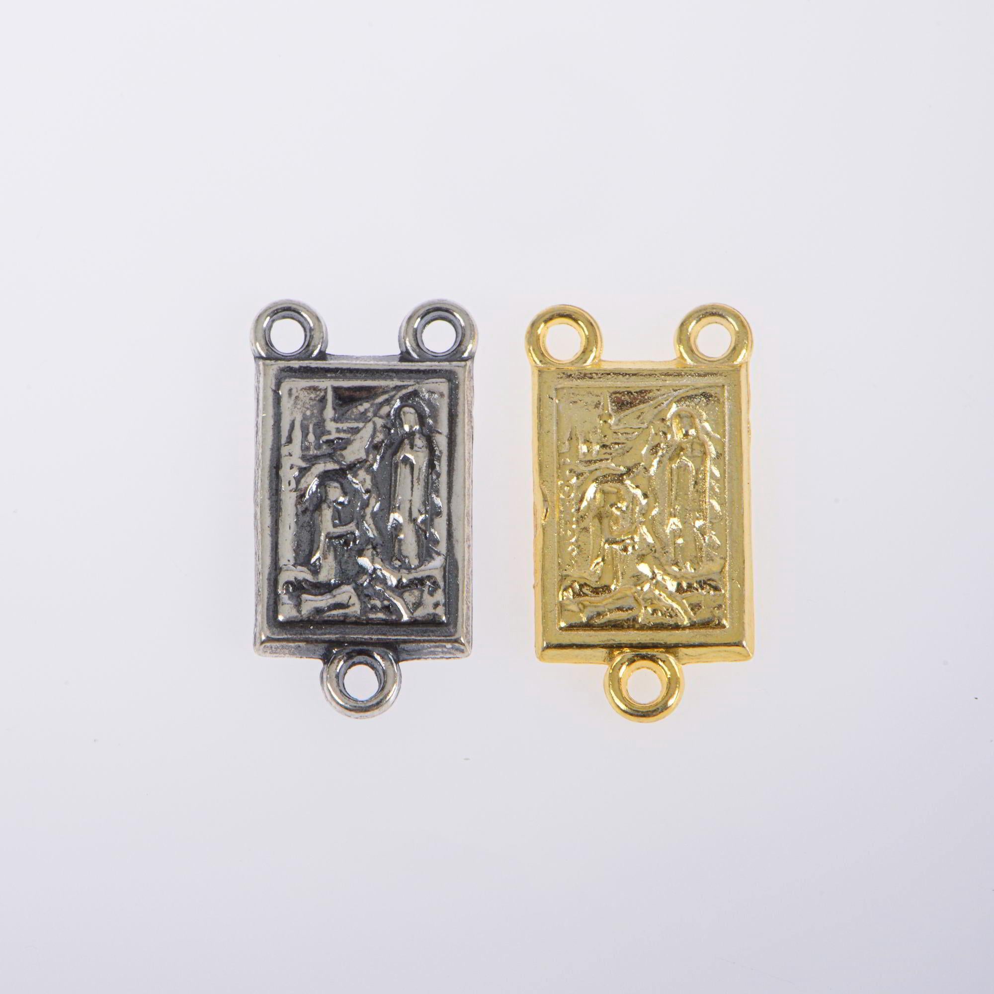 925 Sterling Silver & 24K Gold Vermeil Lourdes Apparition Rectangular Rosary Center, Jewelry Supply, R75-RV75