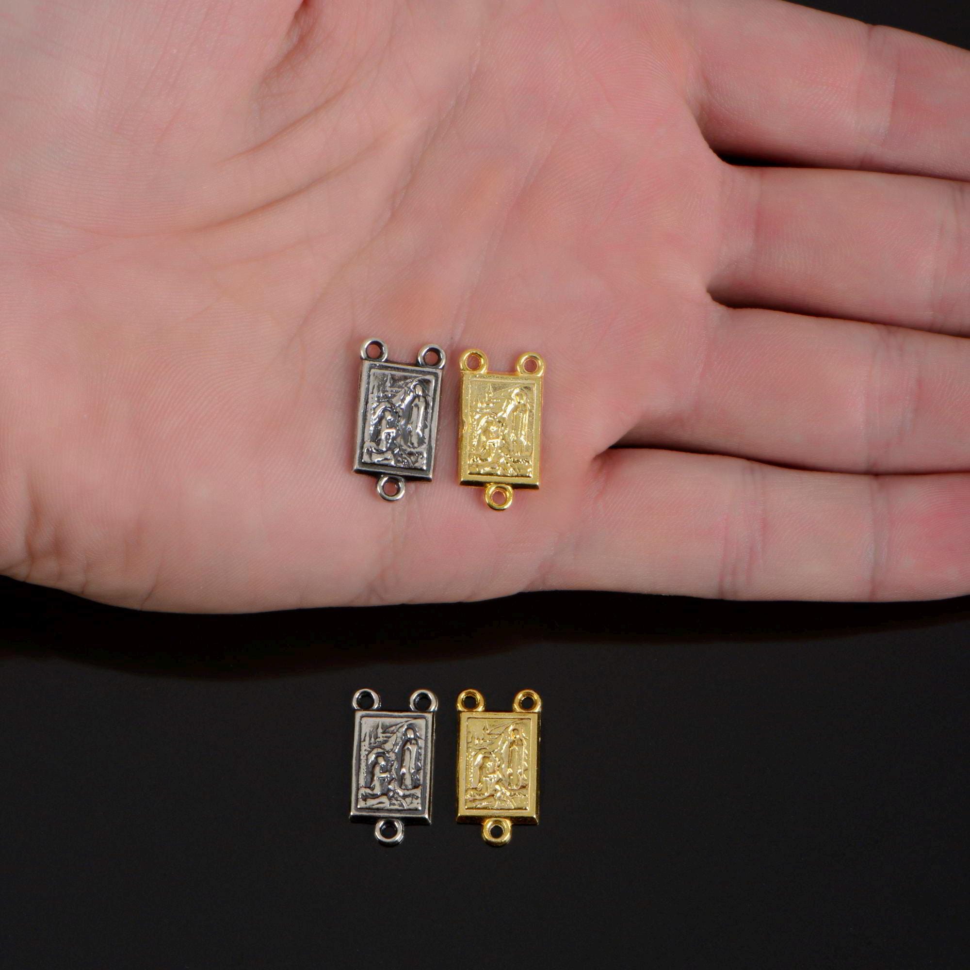 925 Sterling Silver & 24K Gold Vermeil Lourdes Apparition Rectangular Rosary Center, Jewelry Supply, R75-RV75
