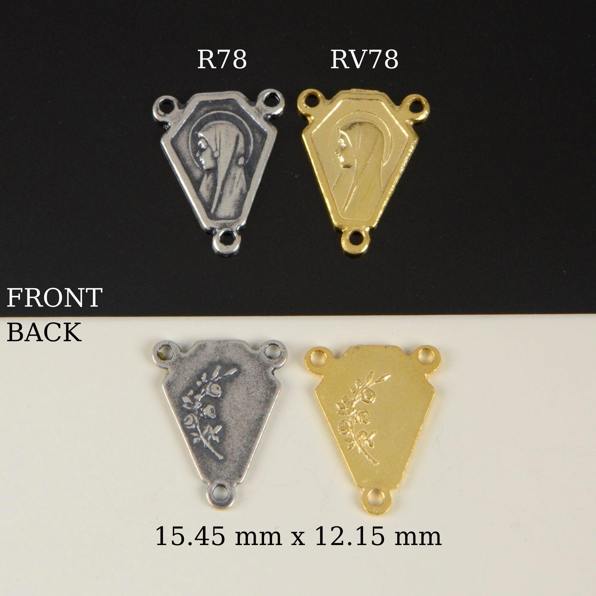 925 Sterling Silver & 24K Gold Vermeil Virgin Mary Simple Center w Fleur de Lys on Reverse Rosary Center, Jewelry Supply, R78-RV78
