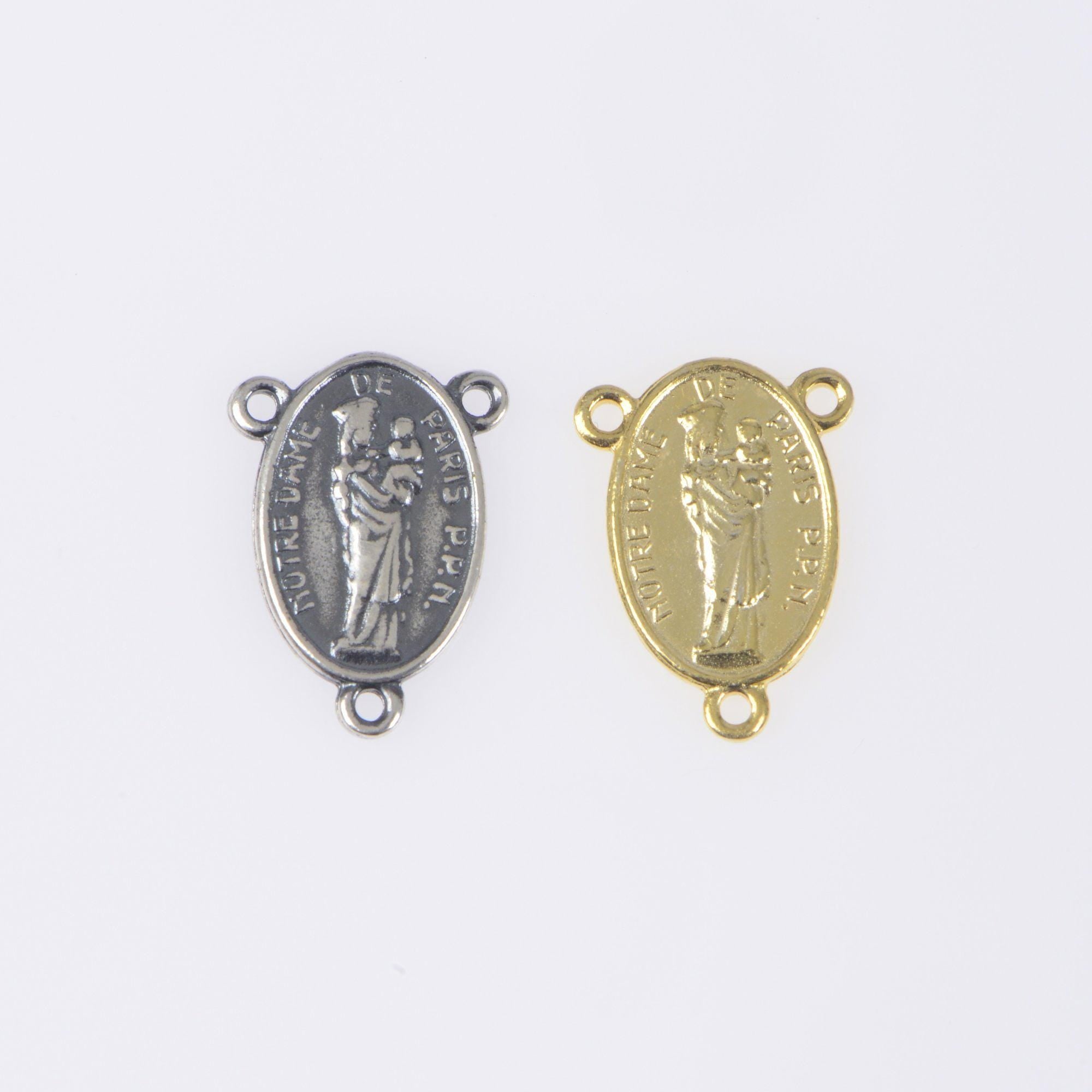925 Sterling Silver & 24K Gold Vermeil Our Lady of Notre Dame of Paris with Cathedral on reverse Rosary Center, Jewelry Supply, R81-RV81