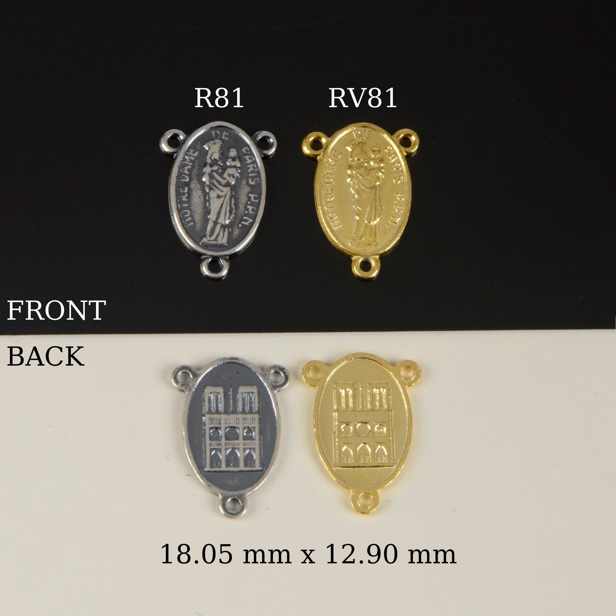 925 Sterling Silver & 24K Gold Vermeil Our Lady of Notre Dame of Paris with Cathedral on reverse Rosary Center, Jewelry Supply, R81-RV81