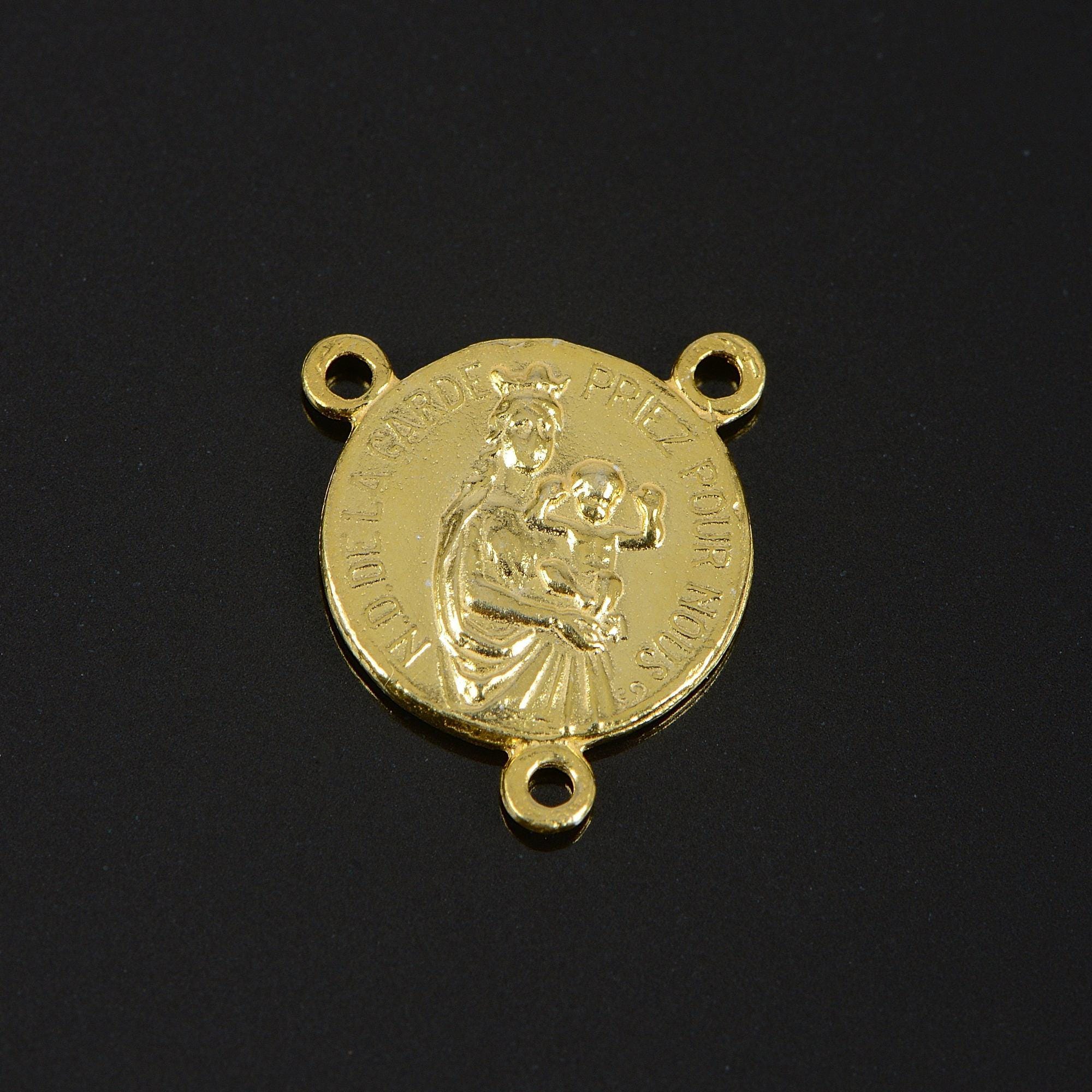 925 Sterling Silver & 24K Gold Vermeil, N.D. de la Garde and Sacred Heart of Jesus double sided Rosary Center, Jewelry Supply, R88-RV88