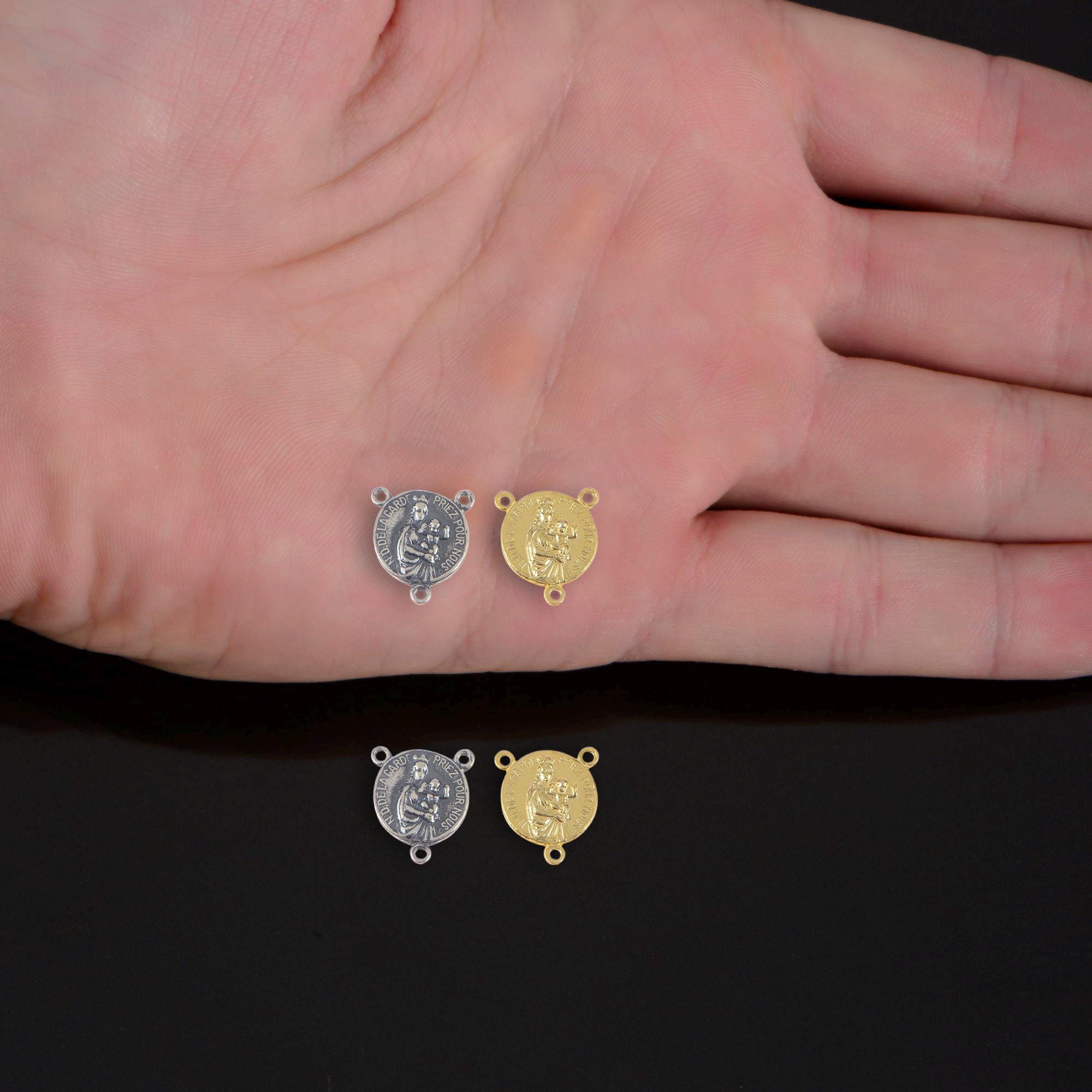 925 Sterling Silver & 24K Gold Vermeil, N.D. de la Garde and Sacred Heart of Jesus double sided Rosary Center, Jewelry Supply, R88-RV88