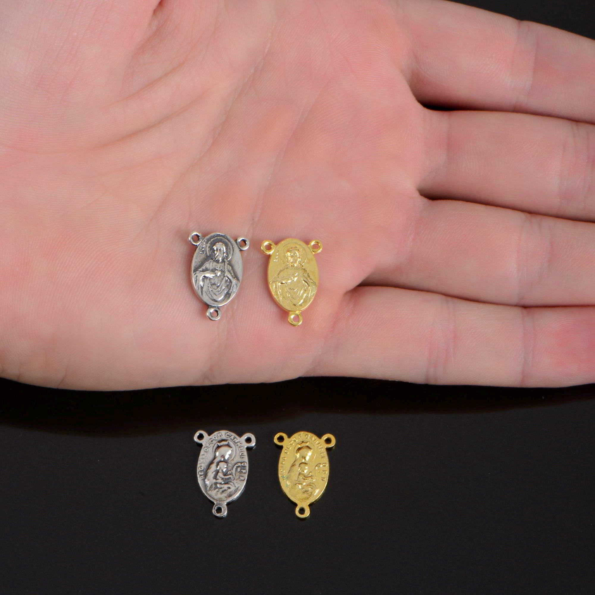 925 Sterling Silver & 24K Gold Vermeil Double face Rosary Center: Lady of Carmel and Sacred Heart of Jesus, Jewelry Supply, R93-RV93