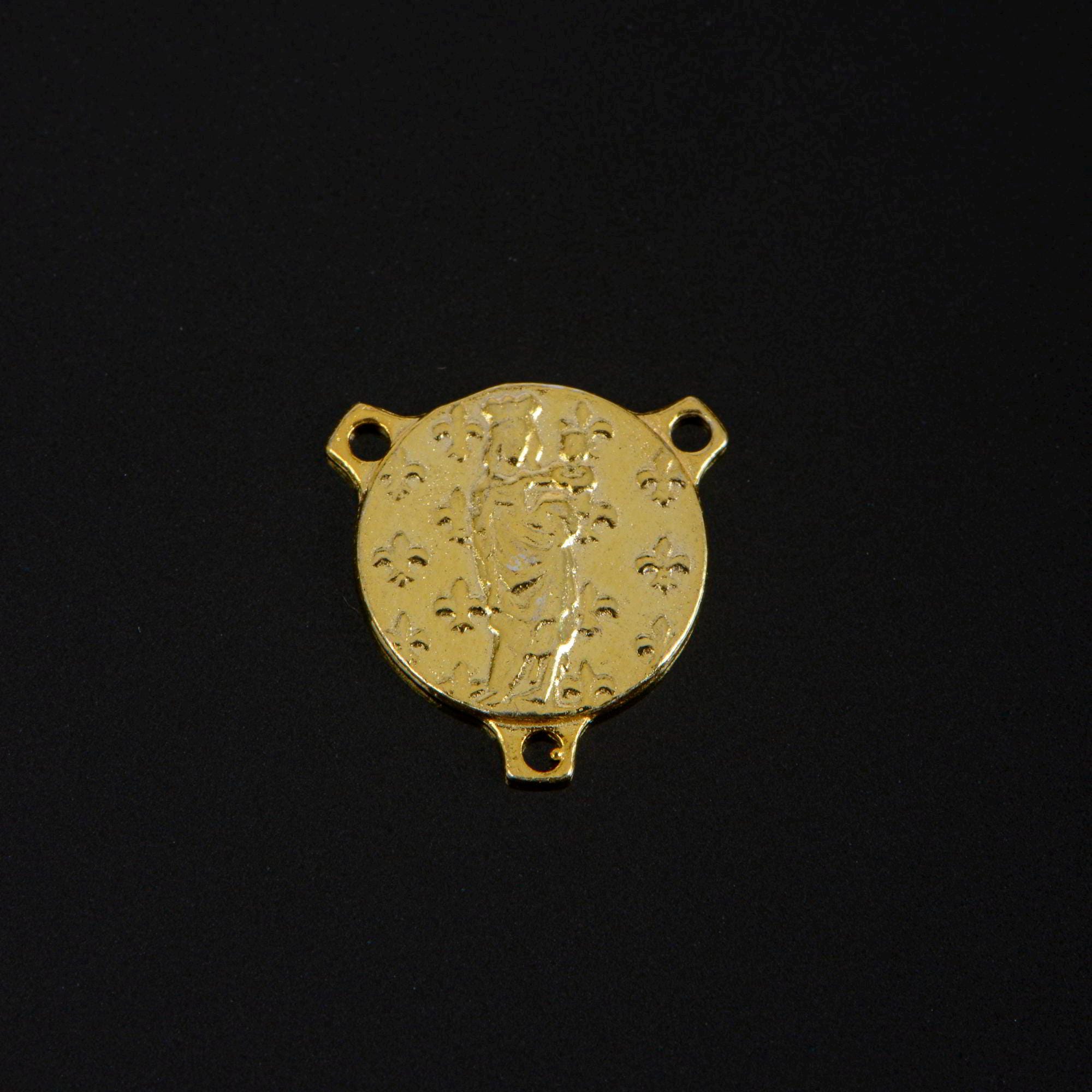 925 Sterling Silver & 24K Gold Vermeil Our Lady Mary with Fleur de Lys Rosary Center, Jewelry Supply, R96-RV96