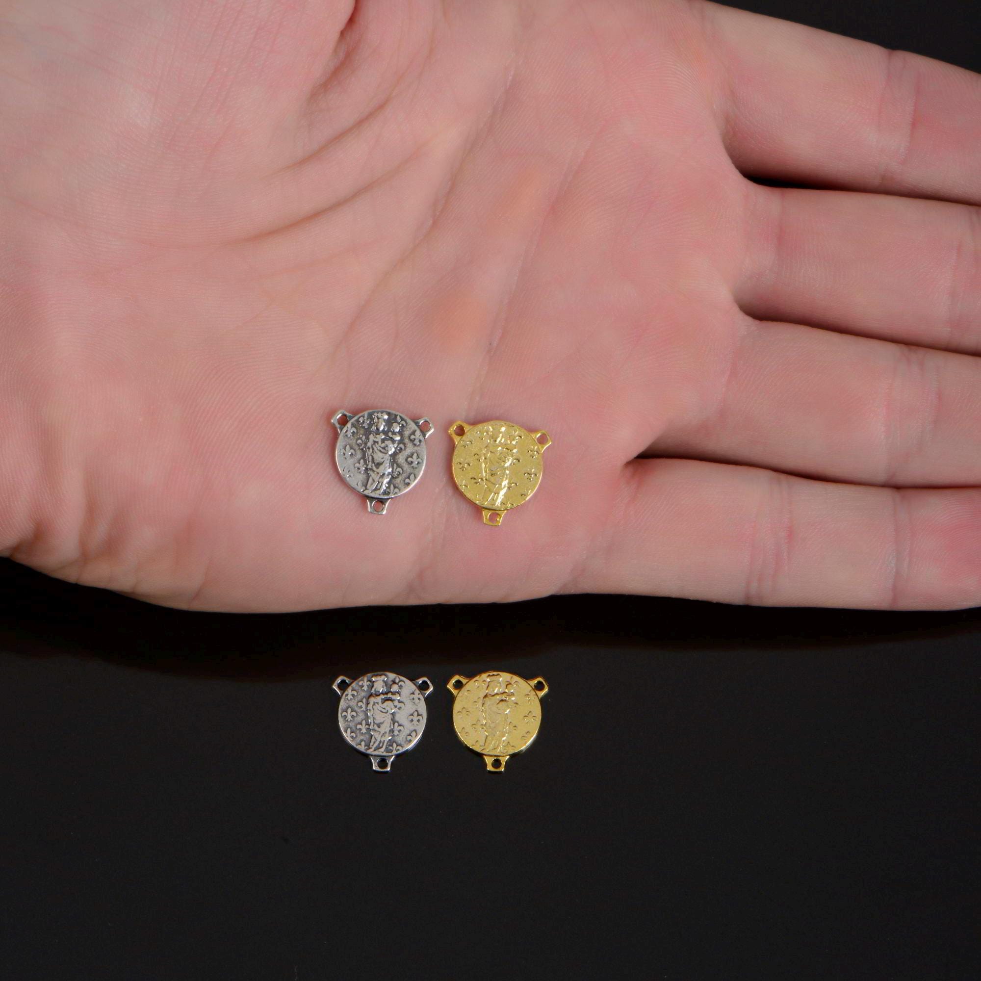 925 Sterling Silver & 24K Gold Vermeil Our Lady Mary with Fleur de Lys Rosary Center, Jewelry Supply, R96-RV96