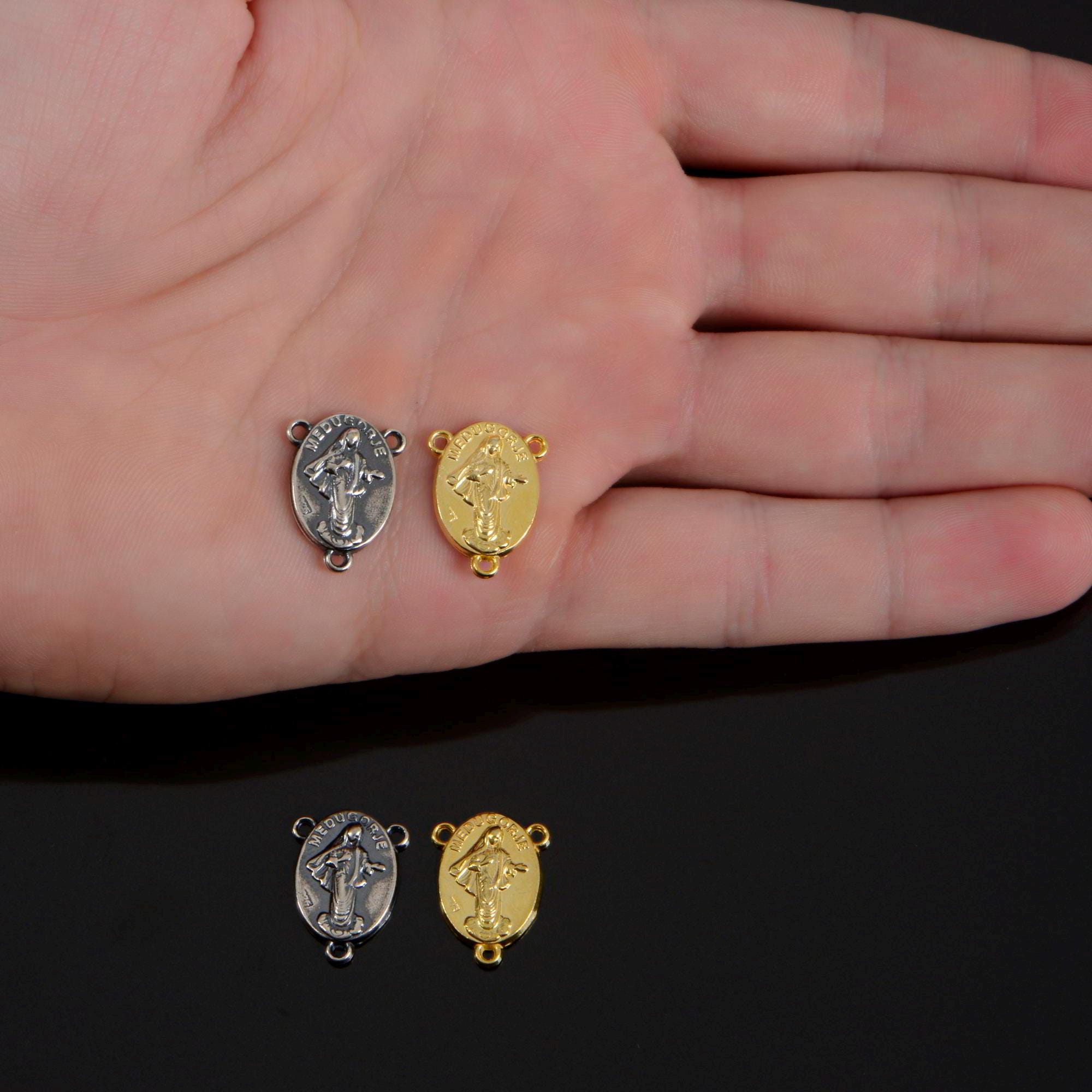 925 Sterling Silver & 24K Gold Vermeil Our Lady of Medugorje Rosary Center, Jewelry Supply, R98-RV98