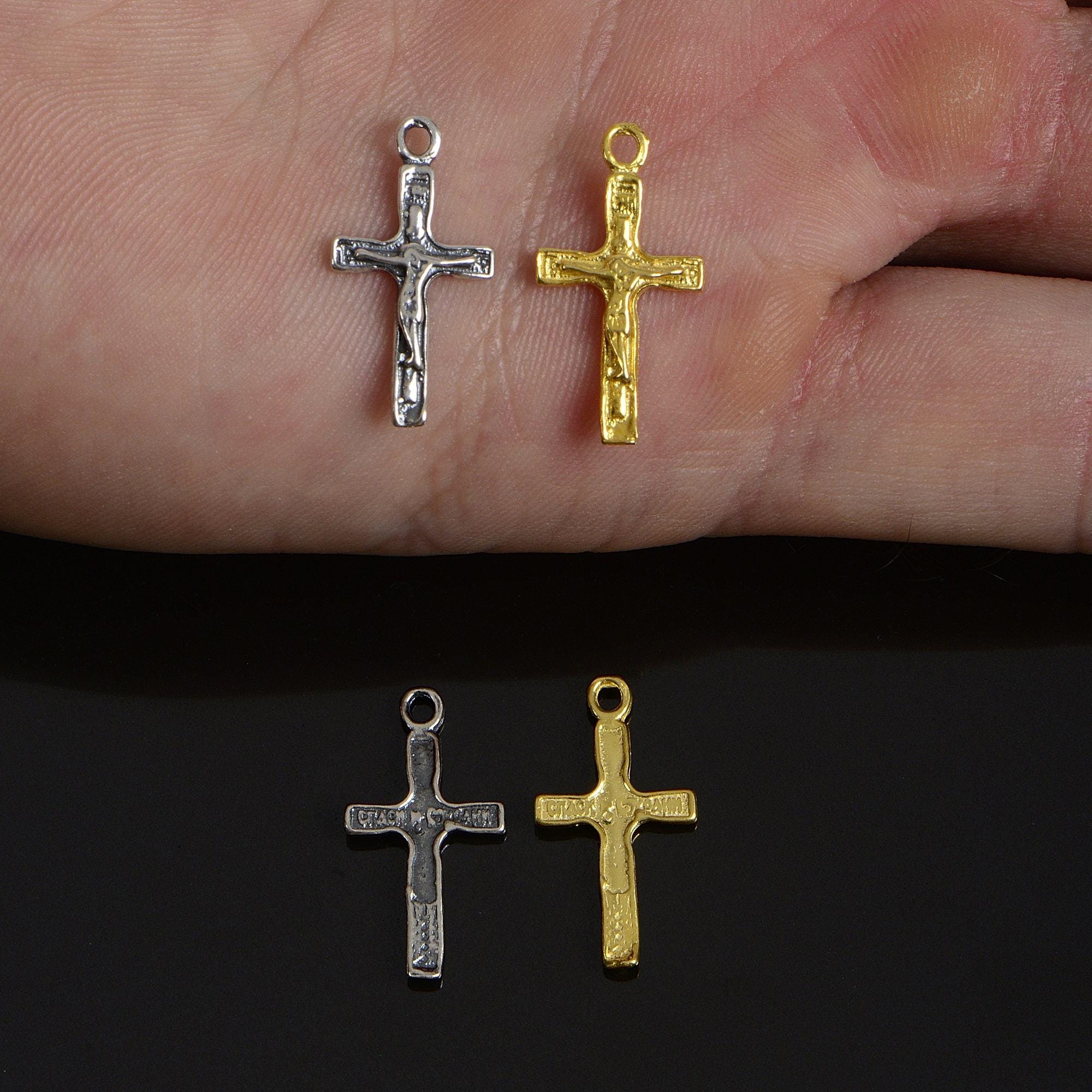 925 Sterling Silver & 24K Gold Vermeil Cross Pendant, Small Orthodox Crucifix, Jewelry Supply, R39-RV39